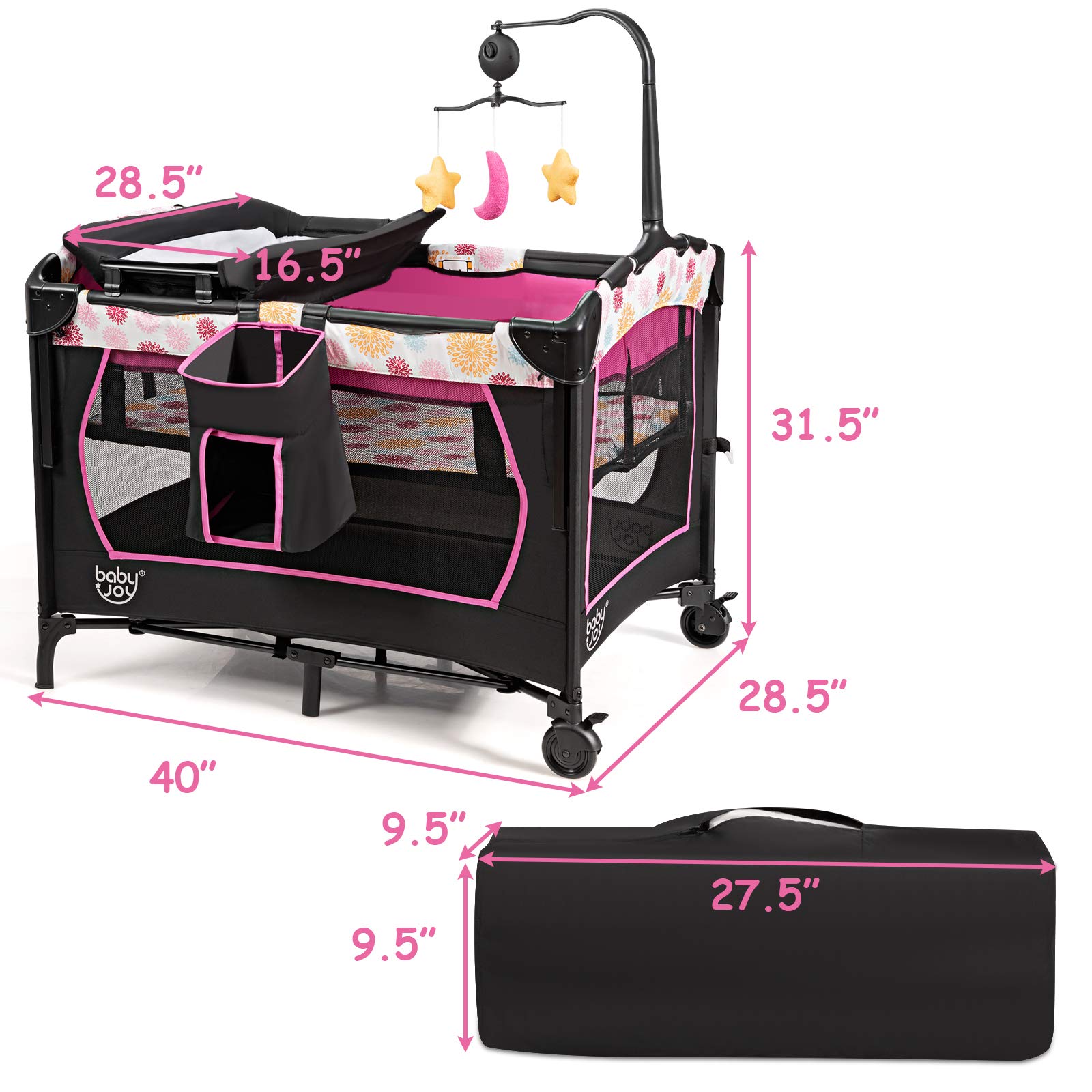 BABY JOY 4-in-1 Portable Playard with Bassinet & Changing Table - Adjustable Height Baby Bedside Sleeper with Music Box - Easy Fold & Carry for Newborn to Toddler - Perfect for Nursery, Travel & Co-Sleeping (Rose)