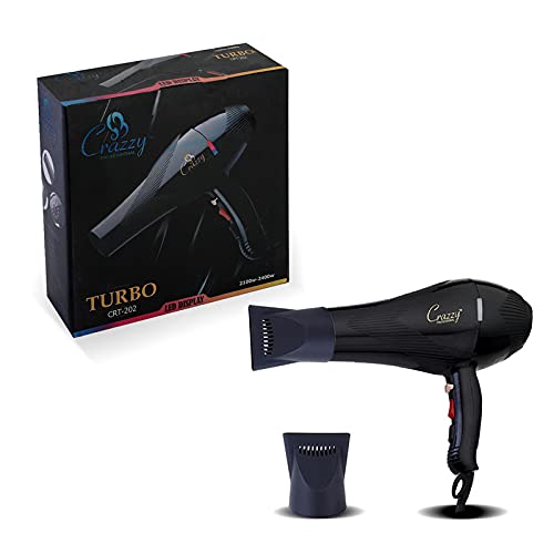 Professional Turbo CRT-202 Hair Dryer with 2 Speeds & 3 Heat Settings - Overheating Protection, Cool Shot Function, Styling Concentrator & LED Display - Perfect for Salon, Home Use & Travel (Black)