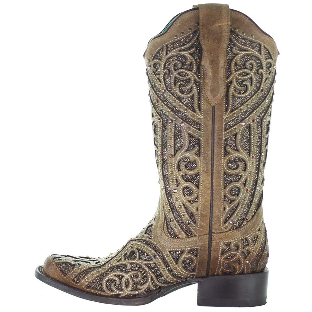 Women's Rhinestone Snip Toe Western Cowboy Boots - Corral E1623 Mid Calf Boots with 1-2