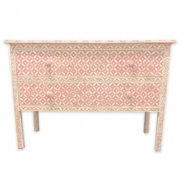 Handmade Bone Inlay Dresser with Two Drawers - Geometric Design Pink Bedroom Furniture for Storage & Organization - Perfect for Bedroom, Living Room or Guest Room Decor