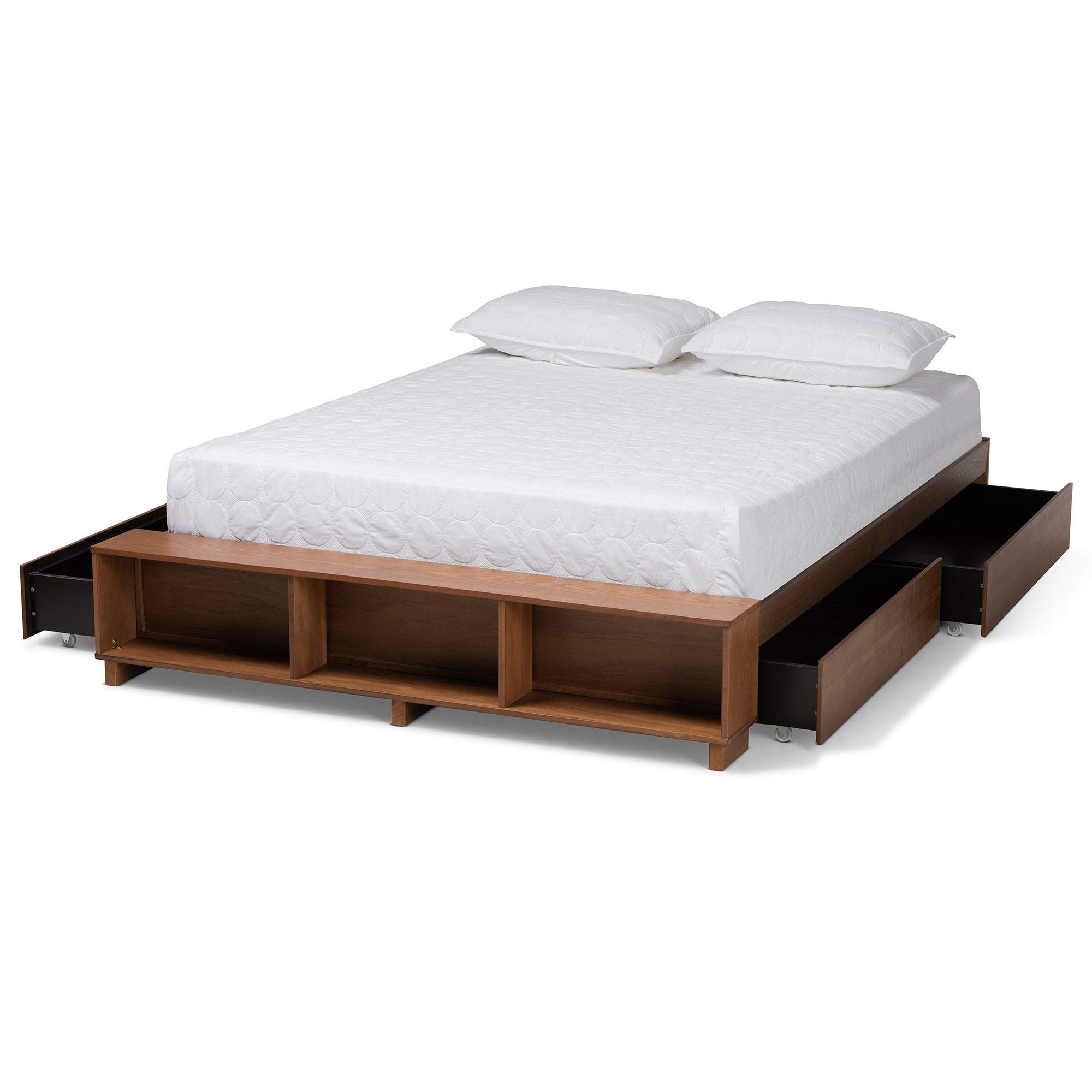 Modern Rustic Ash Walnut Brown Wood Platform Bed with Storage Shelves - Full Size Bed Frame with Hardware Included | Perfect for Small Bedrooms, Guest Rooms & Loft Spaces