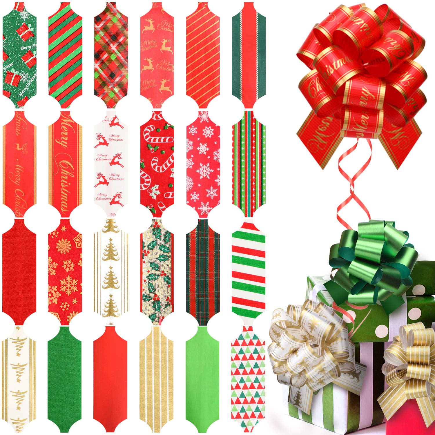 36 Pcs Christmas Gift Wrapping Bows - 5 Inch Wide Pull Bows for Presents, Baskets & Holiday Decorations - 24 Festive Styles - Perfect for Xmas Gifts, Tree Decor & Party Decorations