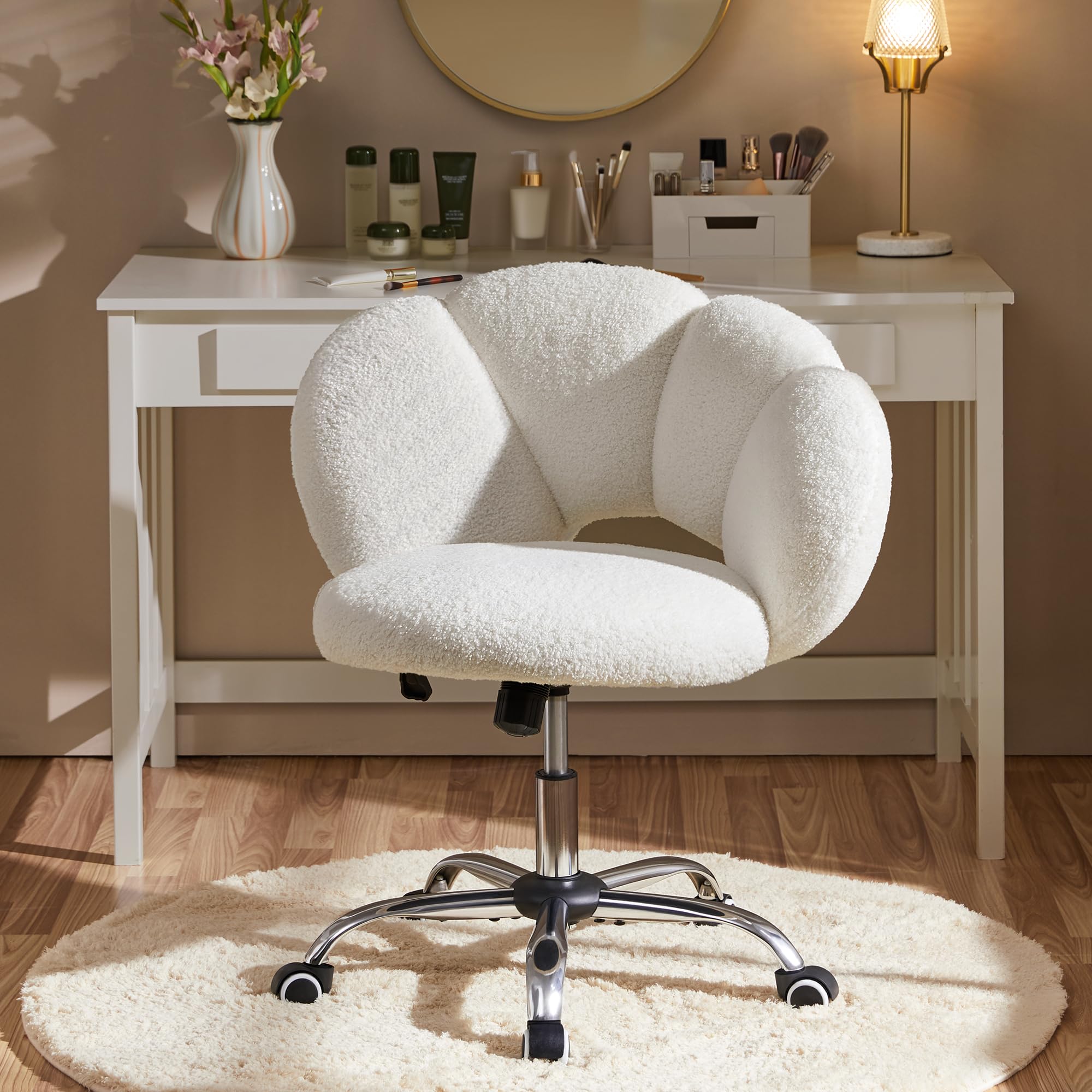 Yaheetech Boucle Upholstered Desk Chair - Adjustable Cloud-Shaped Vanity Chair with Rolling Wheels for Home Office, Living Room & Bedroom - Ergonomic Computer Chair for Work, Study and Makeup (White)