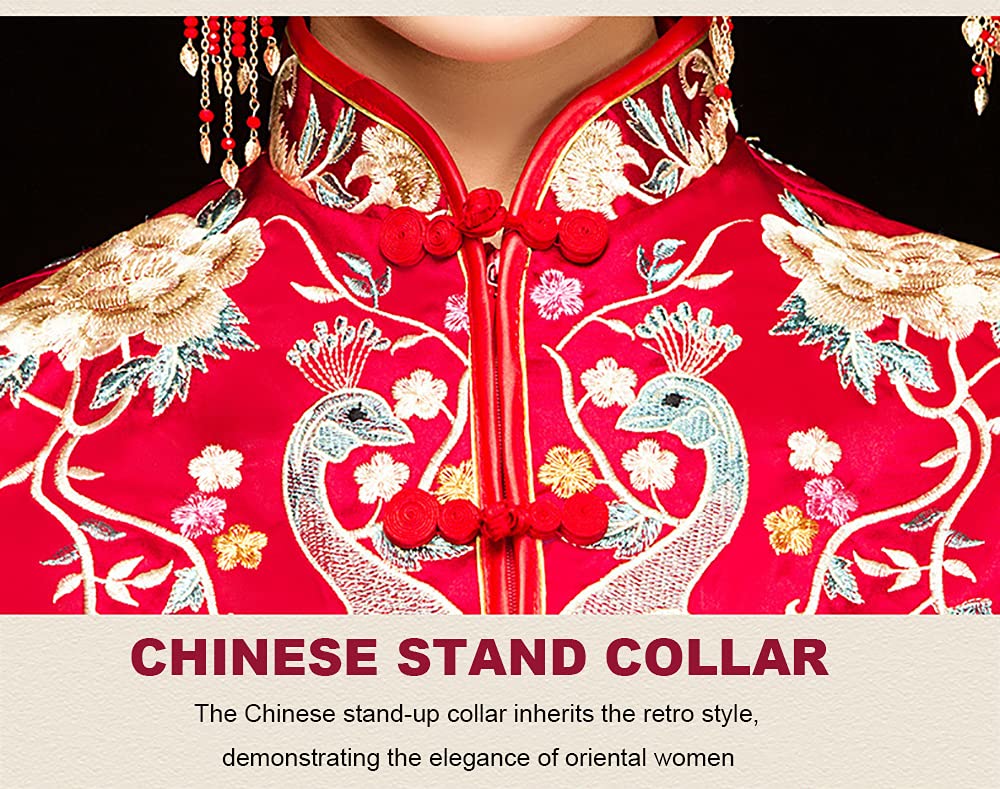 Vintage Peacock Cheongsam Wedding Dress - Traditional Chinese Bridal Gown with Fringed Cuffs & Stand Collar | Perfect for Asian Weddings, Cultural Events & Photoshoots