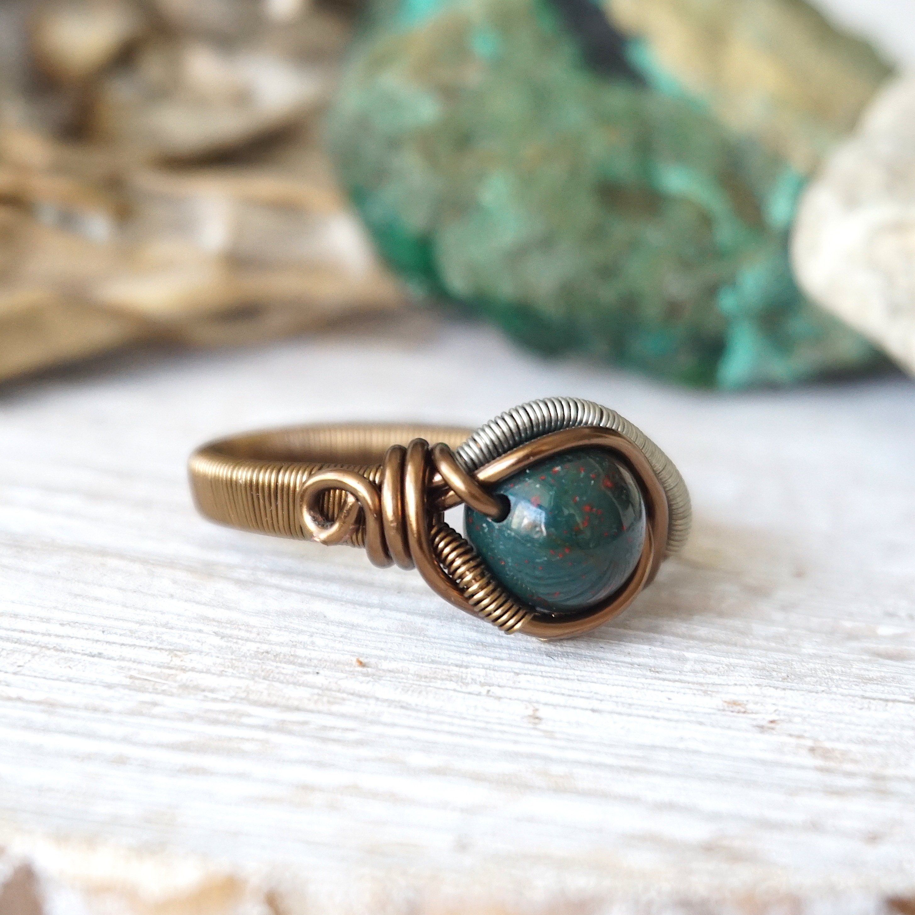 Raw Bloodstone Ring in Antique Bronze - Healing Crystal Jewelry for Protection & Grounding | Perfect for Meditation, Energy Work & Spiritual Gifts