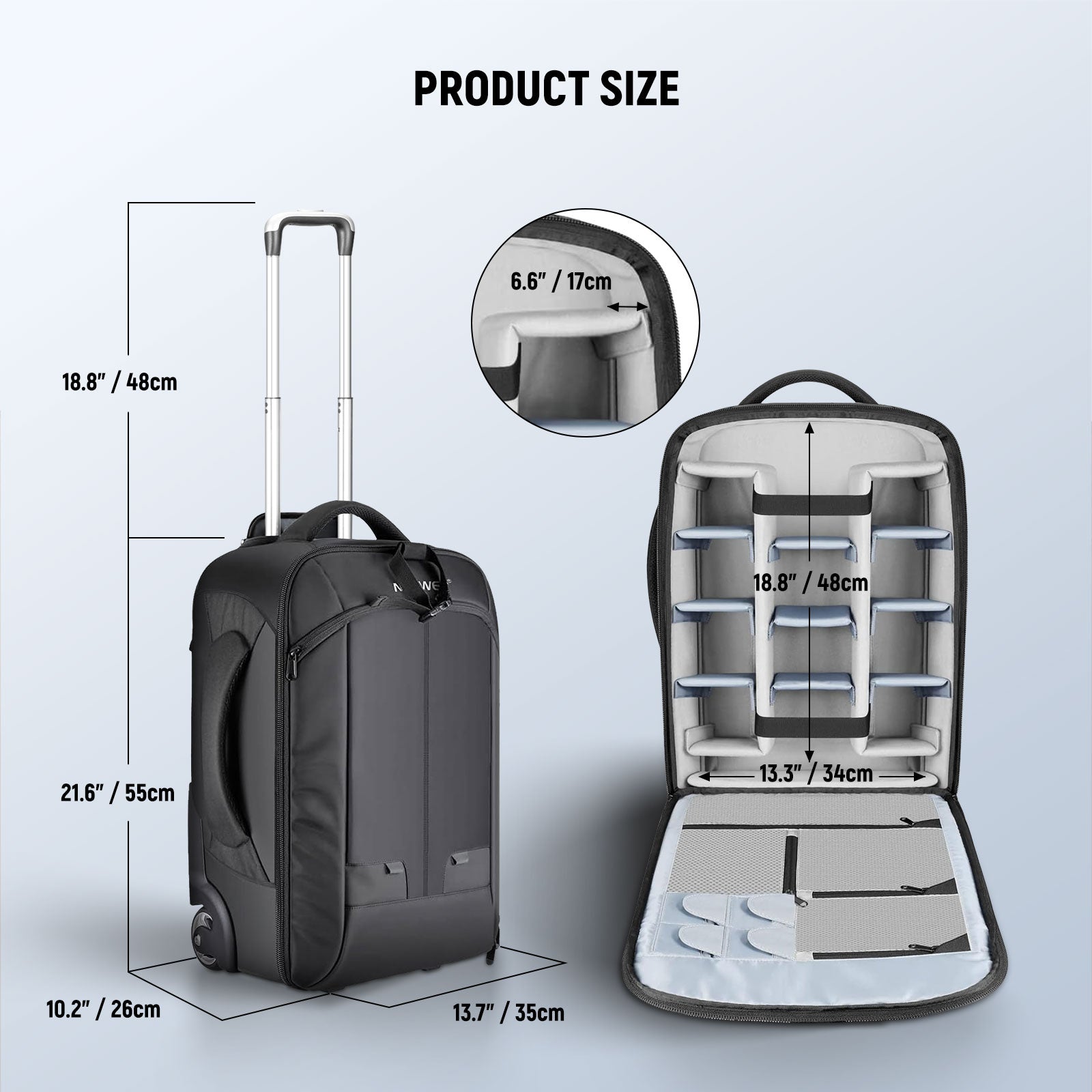 NEEWER 22x14x10 Inch 2-in-1 Rolling Trolley Backpack - Convertible Carry-On Luggage for Travel, Business & Outdoor Adventures | Durable & Spacious Travel Backpack with Wheels and Handle