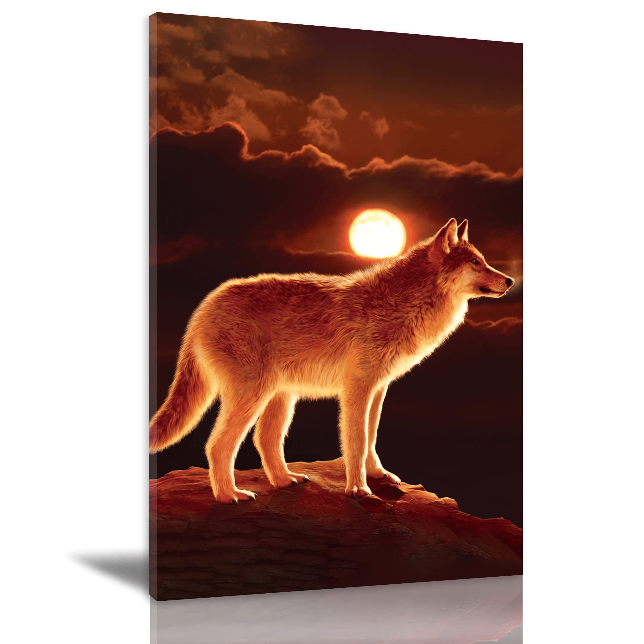 Premium Framed Wolf & Moon Mountain Canvas Wall Art - 20x30 Inch Contemporary Animal Oil Painting for Home, Office & Kitchen Decor - Perfect for Living Room, Bedroom & Cabin Aesthetic
