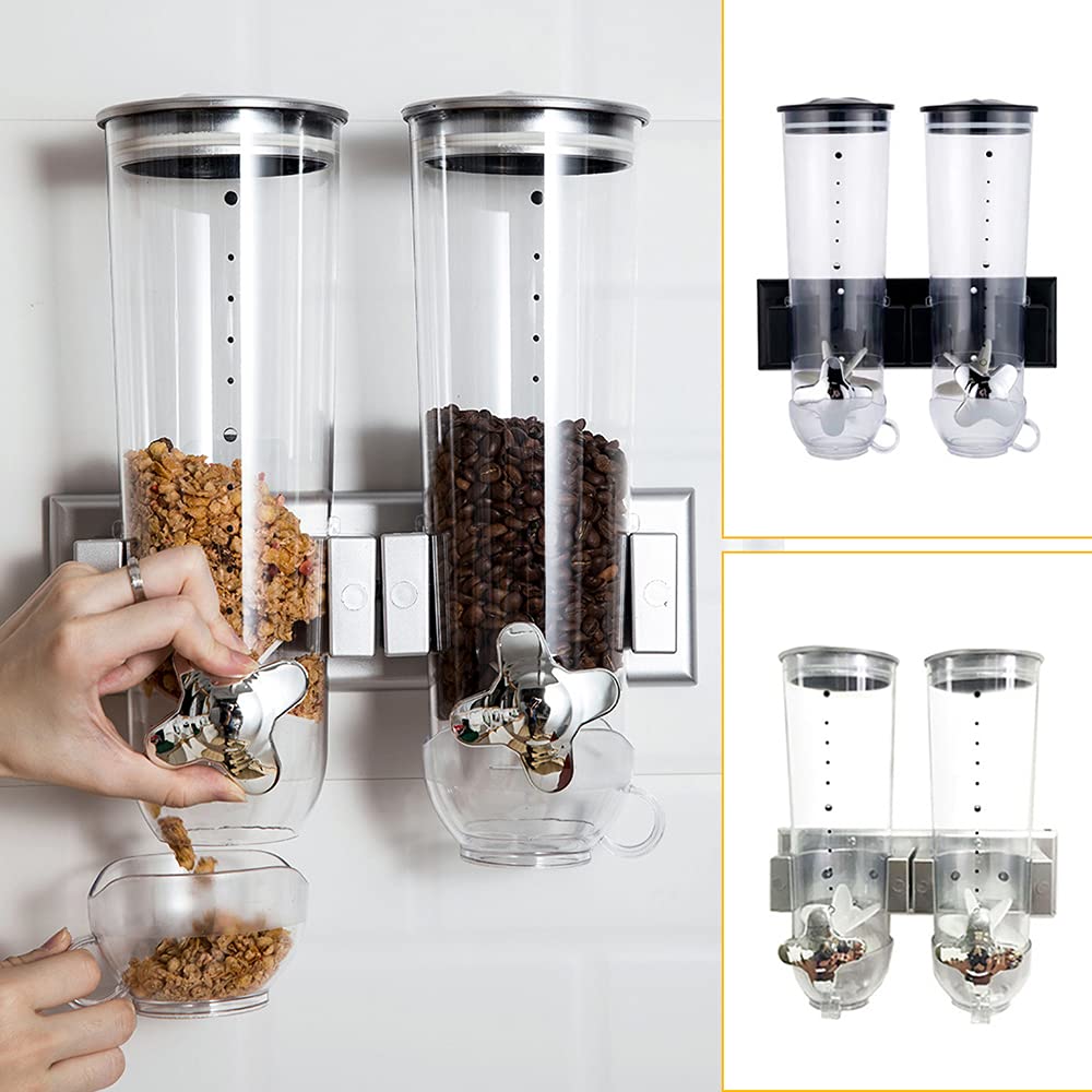 **Wall Mounted Dry Food Dispenser - Dual Control 1.5L Storage Container for Cereal, Nuts, Coffee Beans, Candy, Oatmeal & Rice | Perfect for Kitchen, Pantry, Office & Camping (Black)**