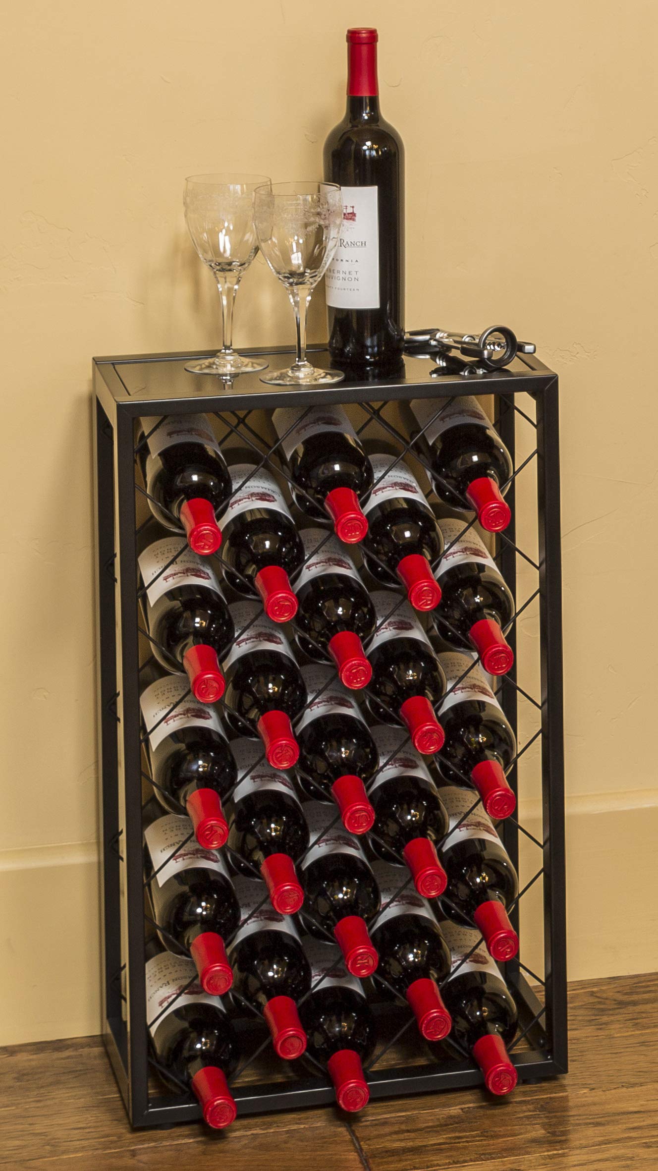 Premium Black Wine Rack with Glass Top Shelf - Holds 23 Bottles - Freestanding Storage for Home, Kitchen, Bar & Restaurant - Perfect for Wine Cellar, Dining Room & Entertaining Spaces