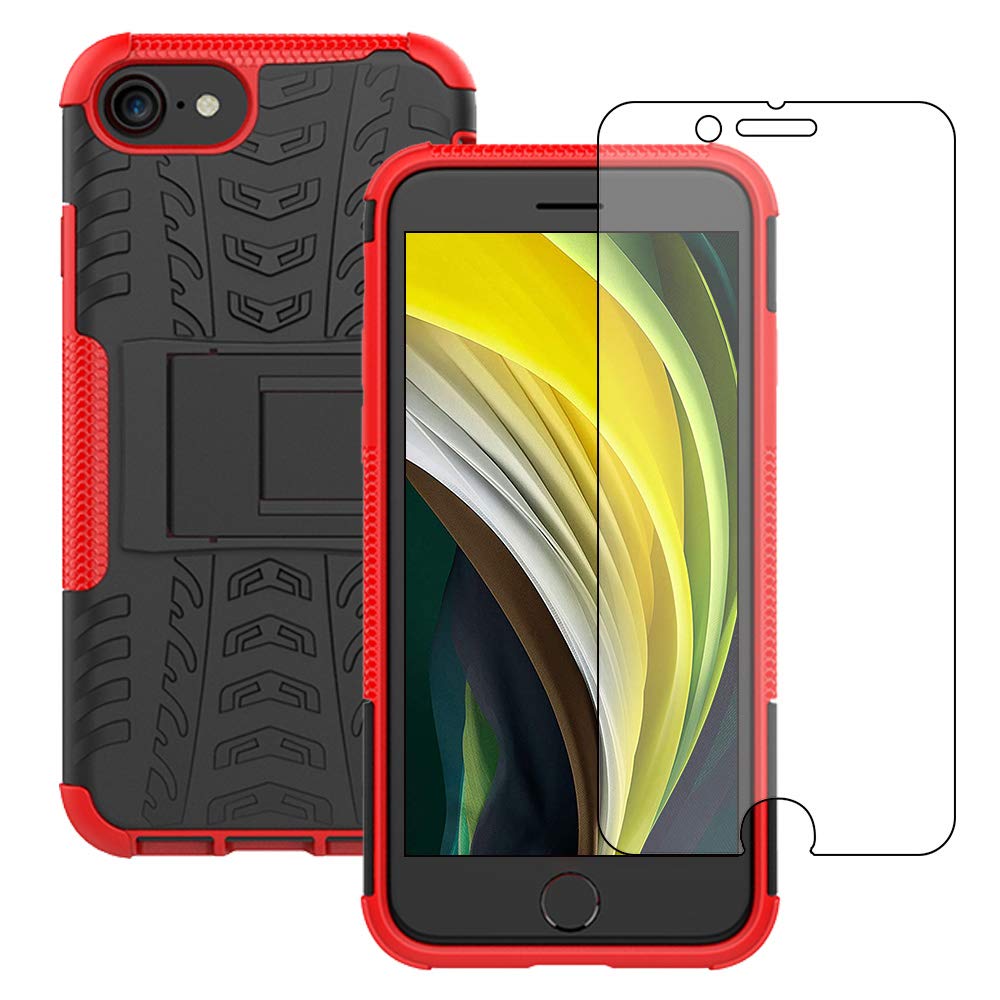 Premium Shockproof Silicone iPhone Case with Built-in Kickstand & Screen Protector - Compatible with iPhone SE 2020/7/8 (Red) - Perfect for Work, Travel & Outdoor Activities
