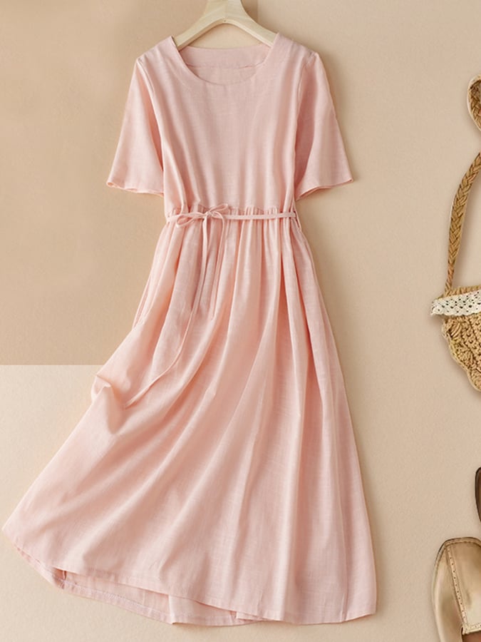 Lovevop Women's Cotton Linen Summer Dress - Solid Color Round Neck Short Sleeve Casual Sundress for Beach, Vacation & Everyday Wear