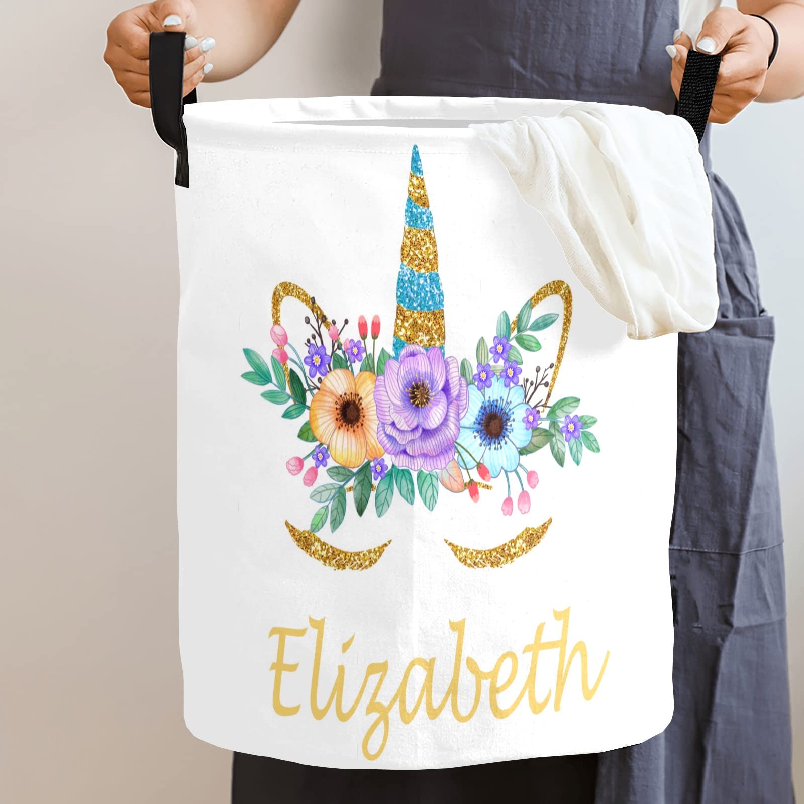 **Personalized Unicorn Laundry Basket with Name – Collapsible Waterproof Canvas Storage Hamper with Handles – Perfect for Kids' Room, Nursery, or Family Laundry Organization**