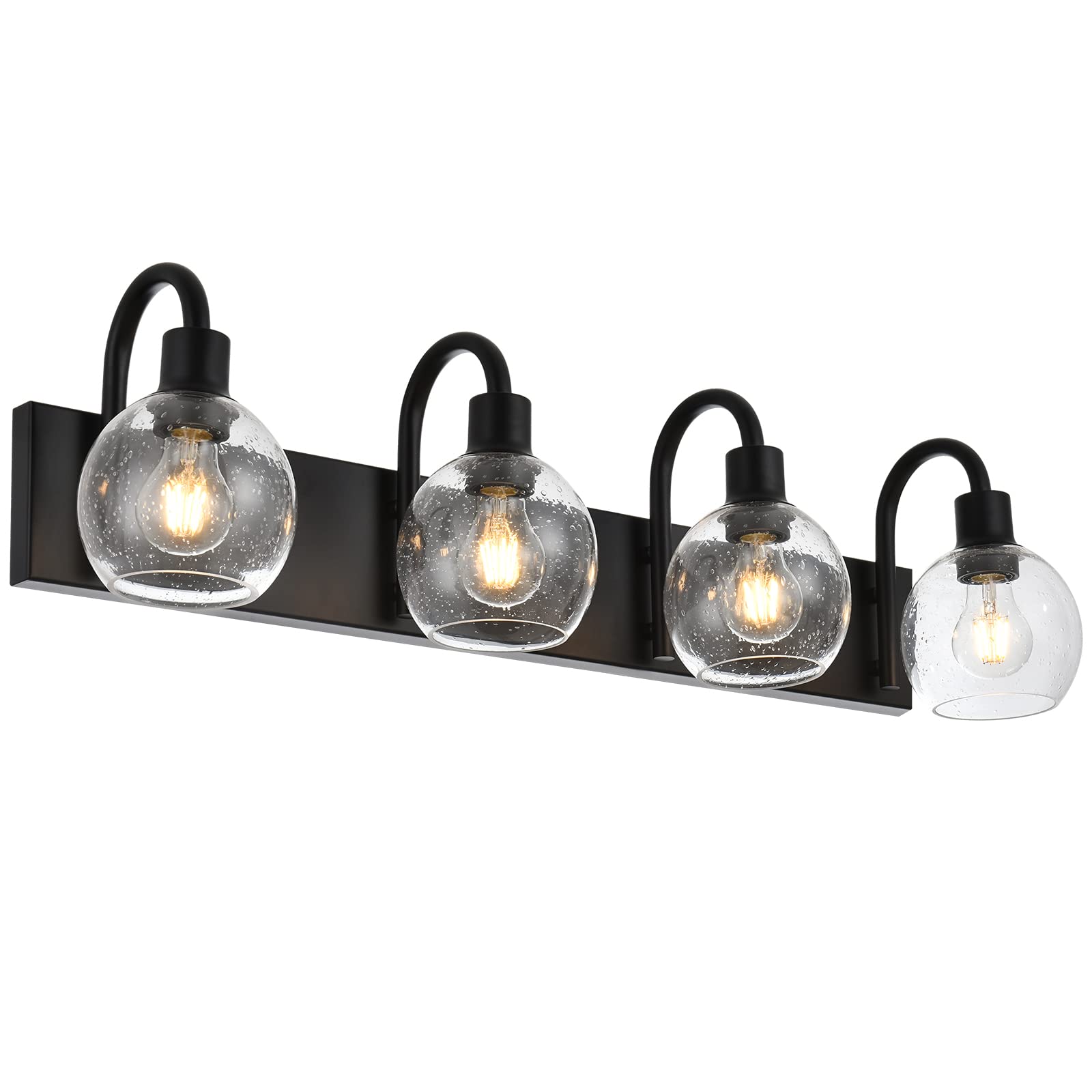 4-Lights Black Industrial Bathroom Vanity Light Fixtures with Seeded Glass Lampshades - Over Mirror Wall Lighting for Modern Bathroom & Powder Room Decor