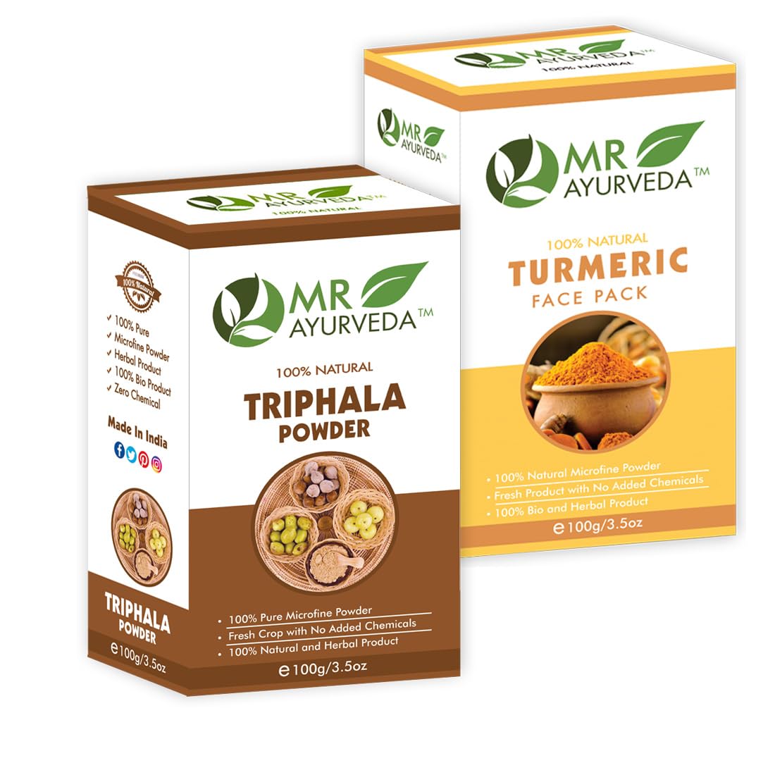 MR Ayurveda Organic Triphala Powder & Turmeric Face Pack Powder - 200g Combo Pack for Glowing Skin | Natural Ayurvedic Skincare for Face & Body | Perfect for Daily Beauty Routine & Spa Treatments