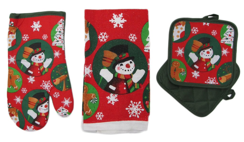 Christmas Kitchen Set - 3-Piece Holiday Dish Towel, Potholders & Oven Mitt - Festive Cotton Kitchen Accessories for Baking, Cooking & Holiday Decor