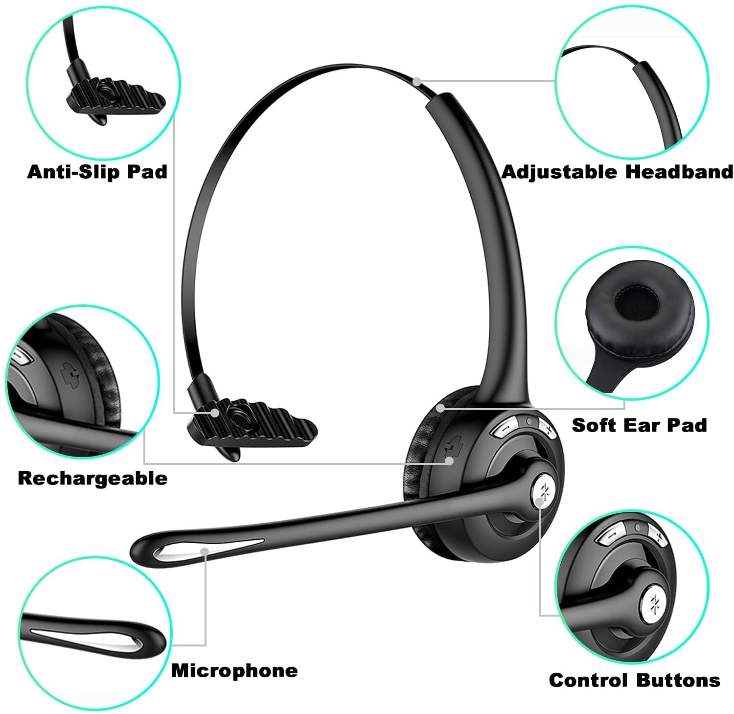 Wireless Bluetooth Headset with Microphone - 12 Hours Talk Time for Truckers, Call Center & Office Use - Noise Cancelling Headphones for Skype, PC, Home Office & Long Driving