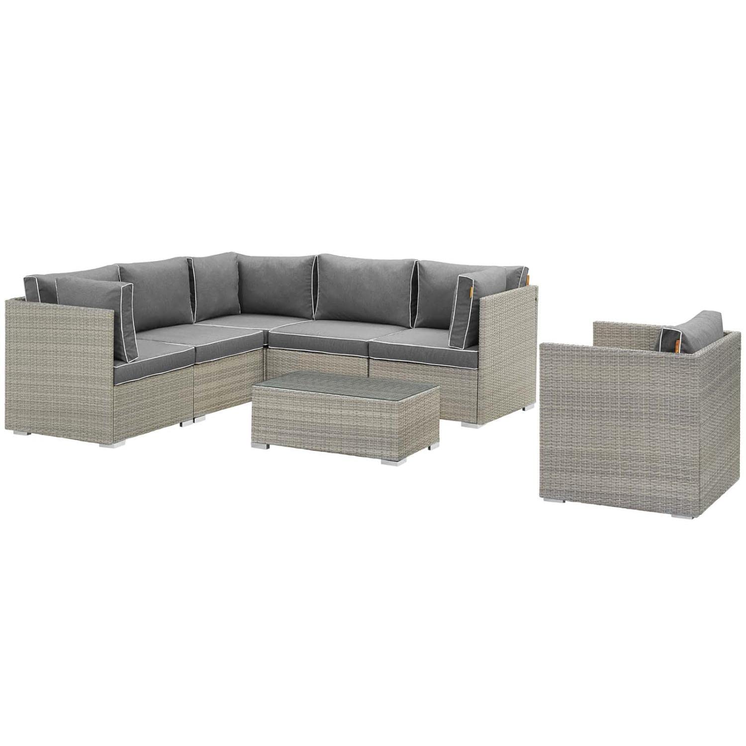 Modway EEI-3010-LGR-CHA-SET 7-Piece Light Gray Charcoal Outdoor Patio Sectional Sofa Set - Perfect for Backyard, Poolside & Garden Relaxation