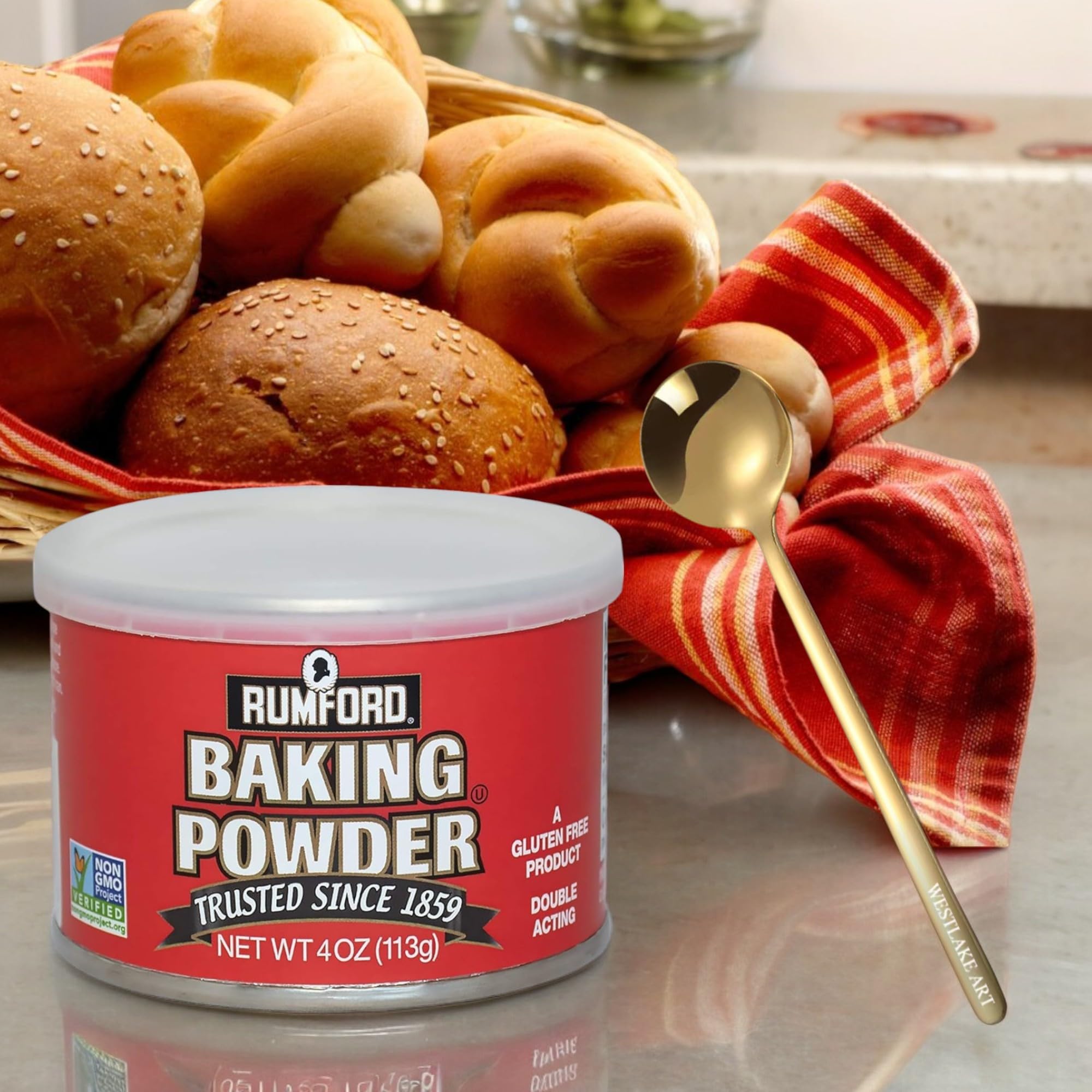 Moofin Rumford Double Acting Baking Powder, 4 oz (Pack of 2) - Aluminum Free Baking Powder for Light & Fluffy Cakes, Muffins, Pancakes - Includes Golden Stainless Steel Spoon - Perfect for Home Baking & Pastry Making
