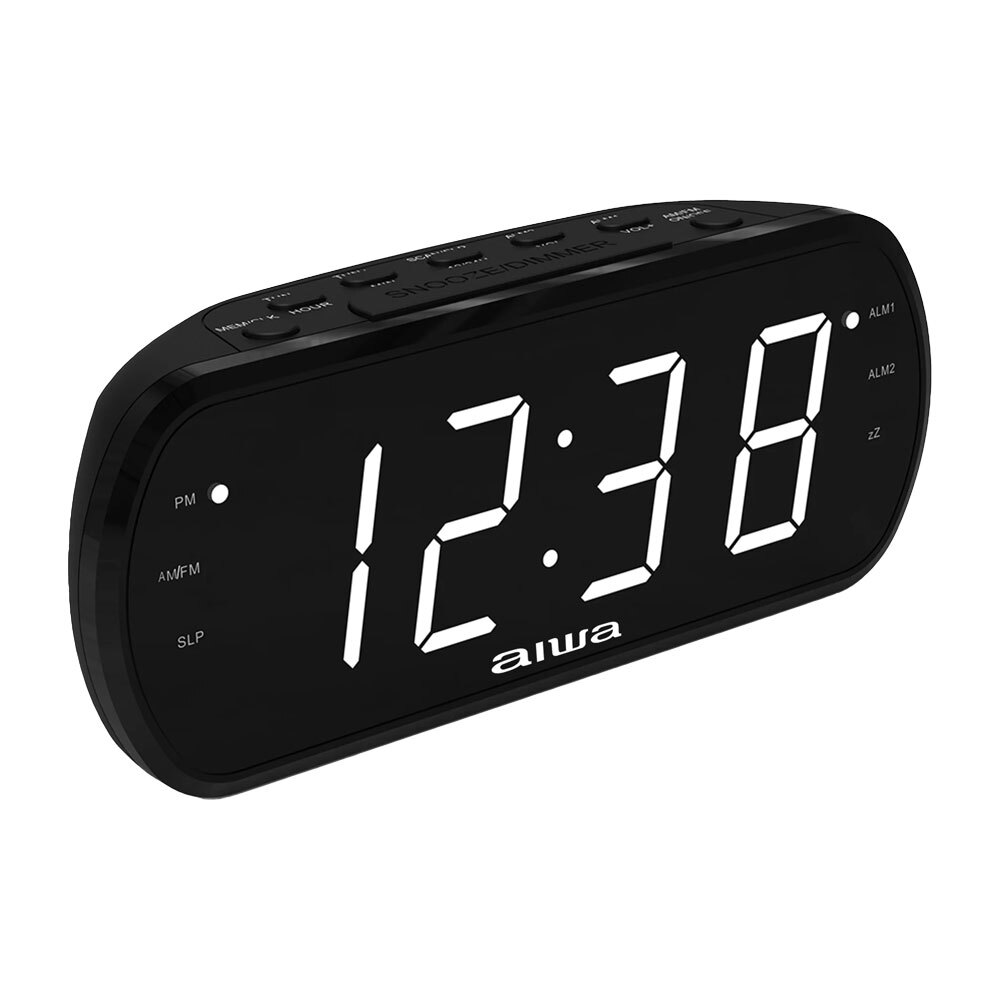 Aiwa Dual Alarm Clock Radio with Large LED Display & Backup Battery - Digital AM/FM Clock Radio with Snooze, Sleep Timer & Nightlight for Bedroom, Office, Travel (Black)