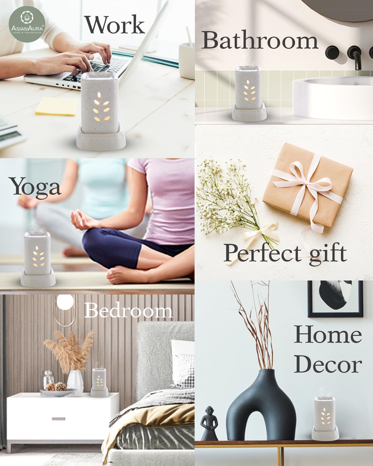 ASIAN AURA White Ceramic Electric Aroma Diffuser & Essential Oil Burner - 8x11.5cm Home Spa Relaxation, Yoga Meditation, Bedroom & Office Aromatherapy