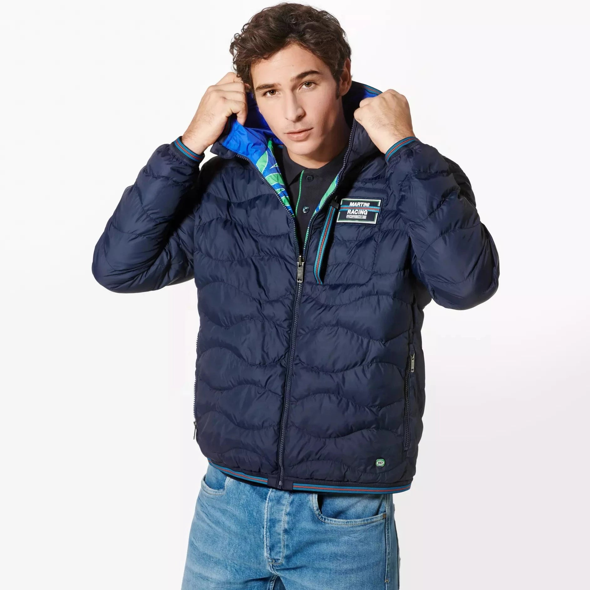 Porsche Men's Reversible Quilted Jacket - Martini Racing Style (Hippie Design) | Lightweight Winter Coat for Casual Wear & Outdoor Activities