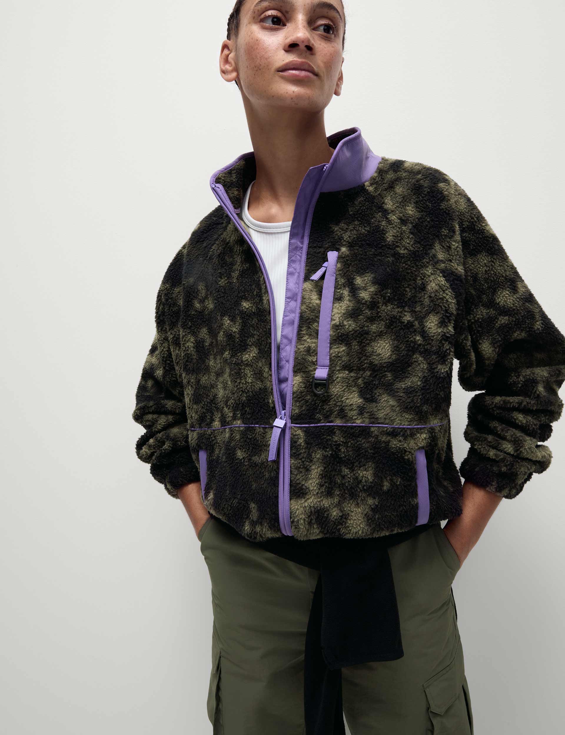 Borg Zip Up Printed Funnel Neck Fleece Jacket - Khaki Mix | Warm Winter Outerwear for Women | Perfect for Hiking, Camping & Outdoor Activities