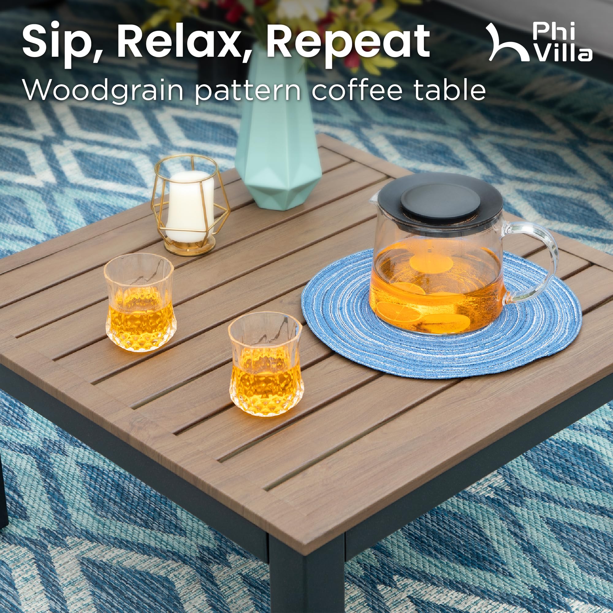 PHI VILLA 3-Piece Metal Patio Furniture Set with Coffee Table & Removable Cushions - Outdoor Modular Sectional Sofa for Backyard, Garden, Poolside & Deck - Light Grey Weather-Resistant Conversation Set