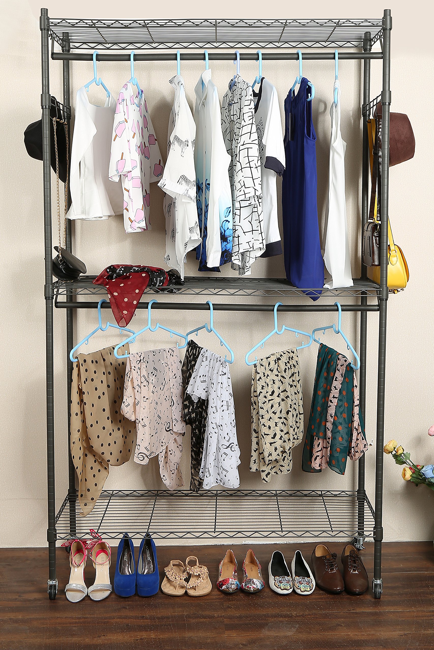 3-Tier Rolling Garment Rack with Lockable Wheels & Side Hooks - Heavy Duty Metal Wire Clothes Drying Rack for Bedroom, Laundry Room, or Closet Organization (Large Capacity, Movable Storage Solution)