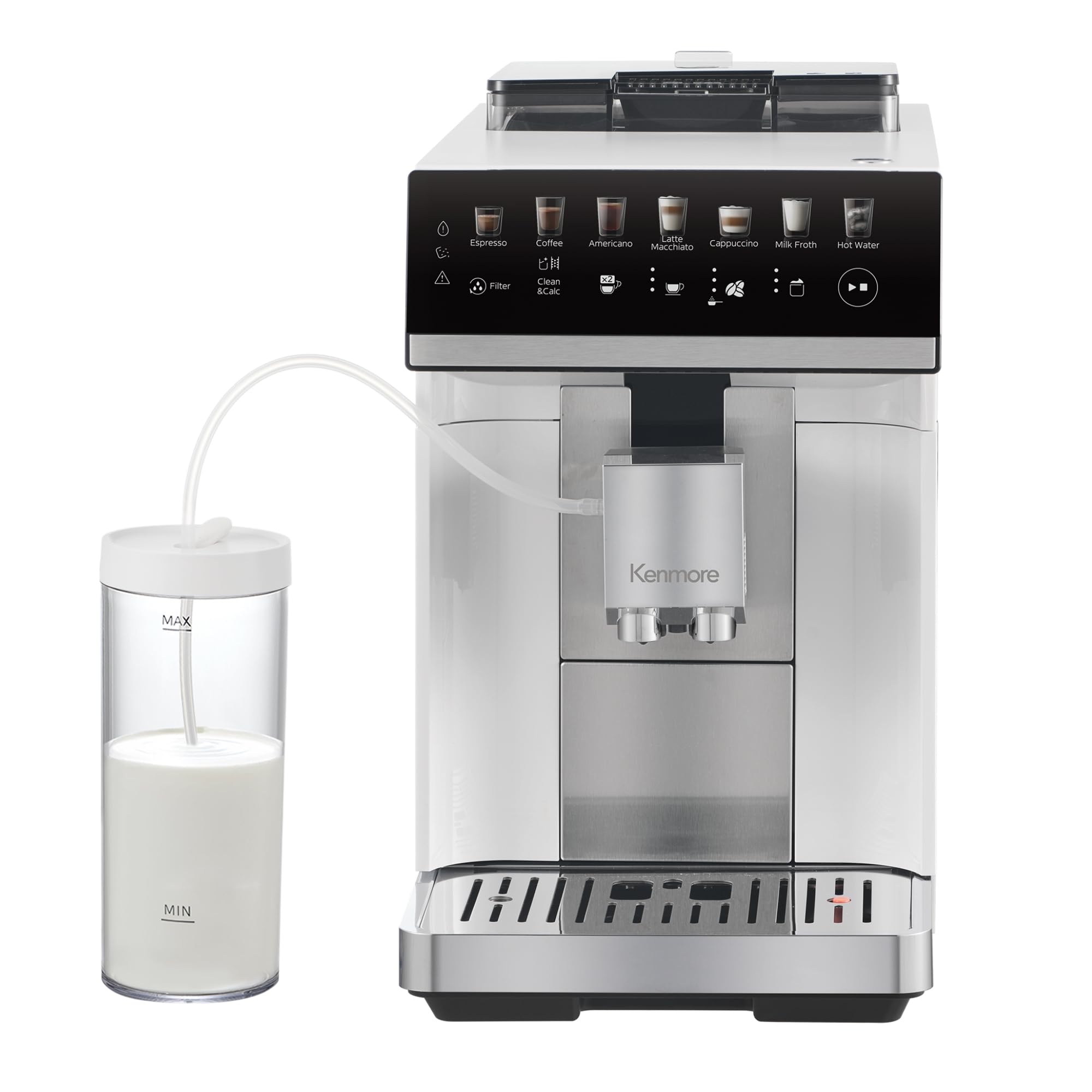 Koolatron Kenmore Fully Automatic Espresso Machine with Built-in Grinder, Milk Frother & Auto Tamper - Professional Barista Style for Cappuccino, Latte - Perfect for Home, Office & Coffee Shops (White)