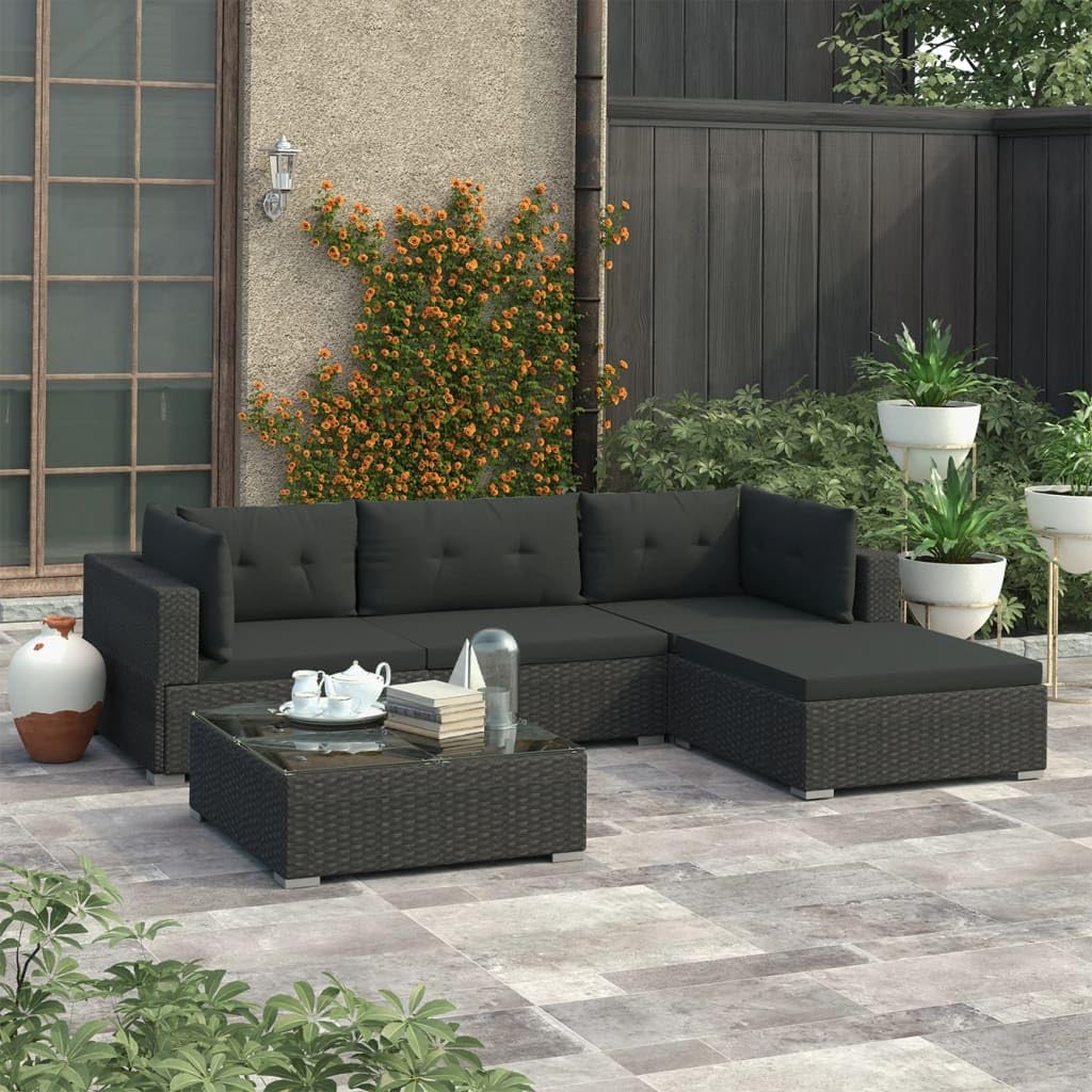 5-Piece Black Poly Rattan Patio Furniture Set with Cushions - Outdoor Sectional Sofa & Coffee Table for Garden, Backyard, Poolside or Deck Relaxation