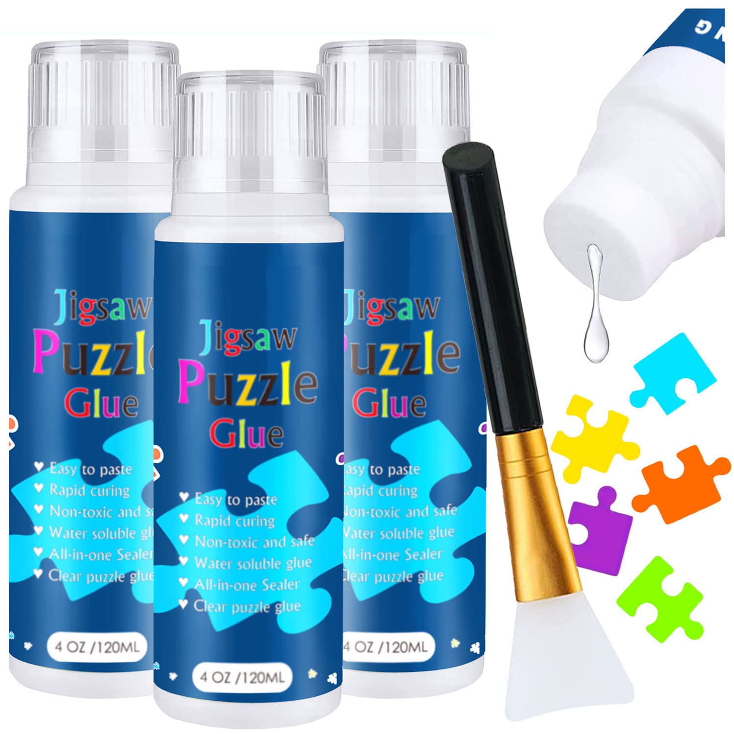 3PCS Clear Jigsaw Puzzle Glue with Sponge Head - Water Soluble Puzzle Adhesive & Protector for 3000/3500/5000 Piece Puzzles (3 Bottles X 120ML) - Perfect for Preserving and Framing Finished Puzzles as Home Decor or Gifts