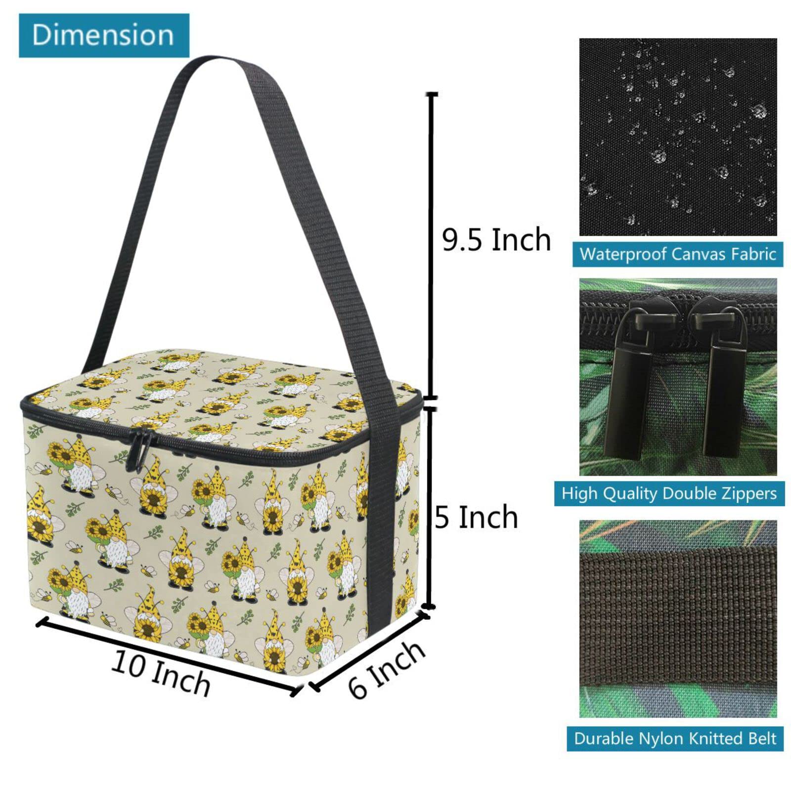 Insulated Lunch Bag Cooler with Gnome Sunflower Bee Design - Reusable Lunch Box for School, Office, Travel & Picnic - Perfect for Women, Men & Kids - Keep Food Fresh for Hours