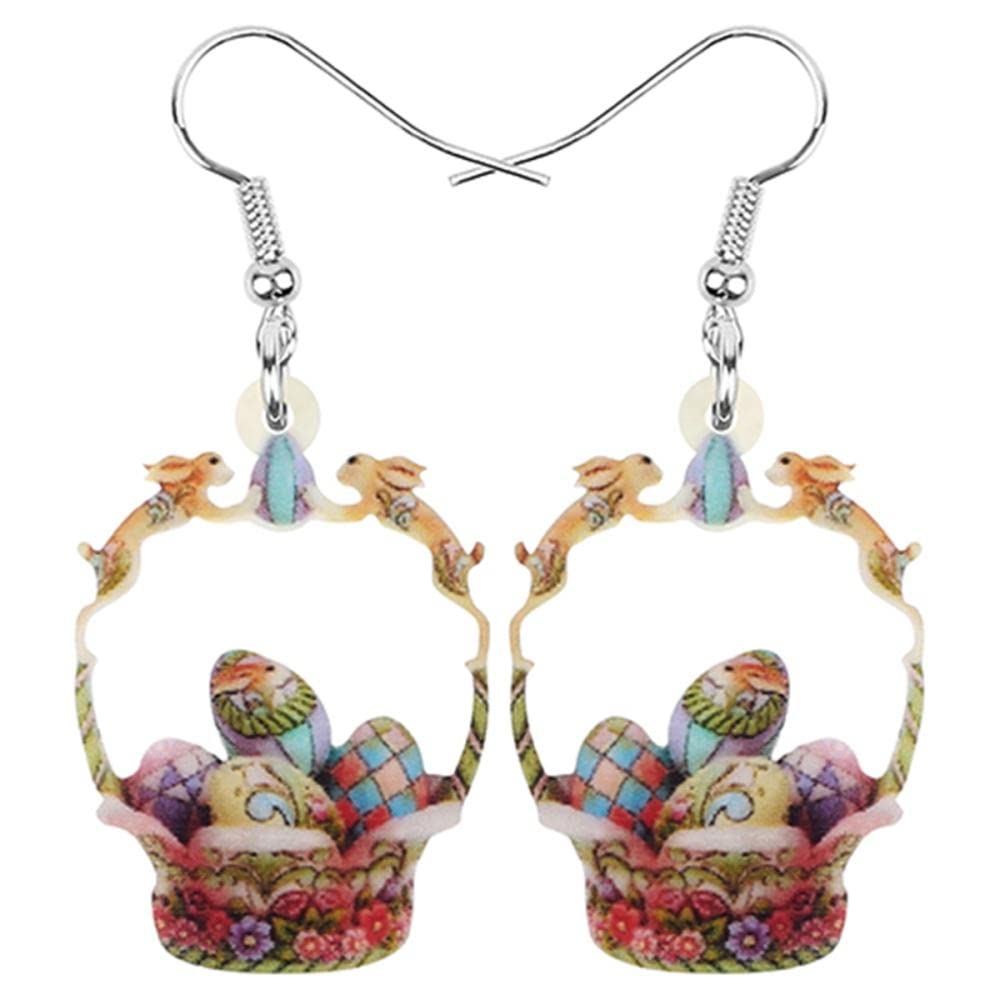 OLGN Acrylic Easter Egg Flower Basket Earrings - Printed Dangle Drop Jewelry for Women & Kids | Trendy Festival Accessories for Easter, Spring Parties & Gift Giving