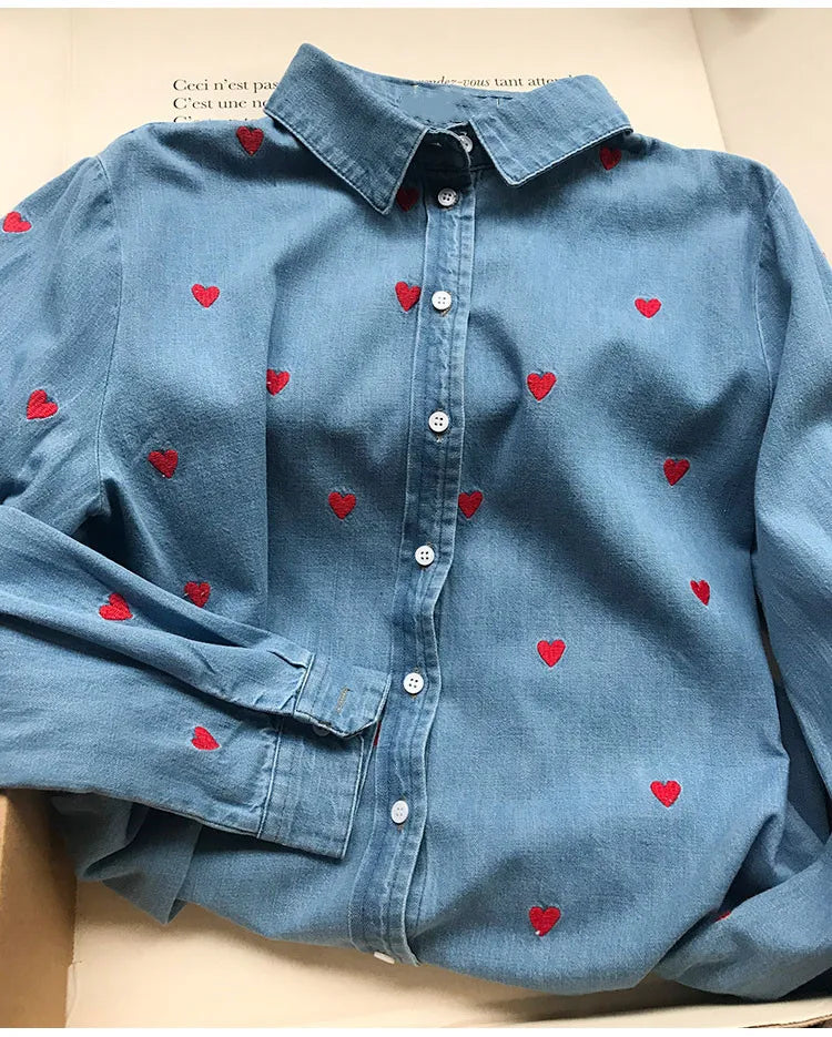 Women's Heart Embroidery Denim Shirt - Turn Down Collar Long Sleeve Blouse for Valentine's Day Gifts | Casual Wear, Date Night Outfit, Romantic Occasion Fashion