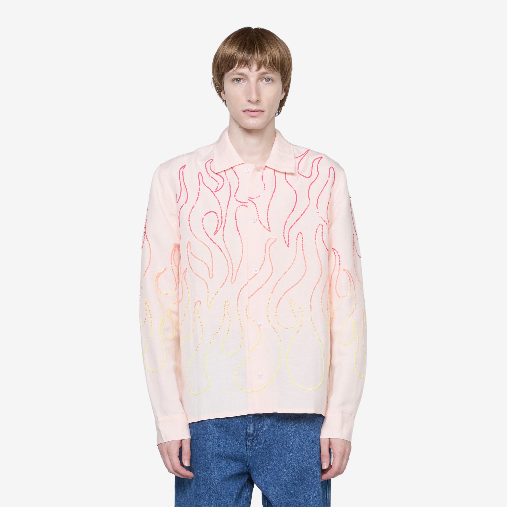 Stylish Unisex Flame Embroidered Pink Shirt for Men & Women - Perfect for Casual Wear, Street Fashion, and Summer Outfits
