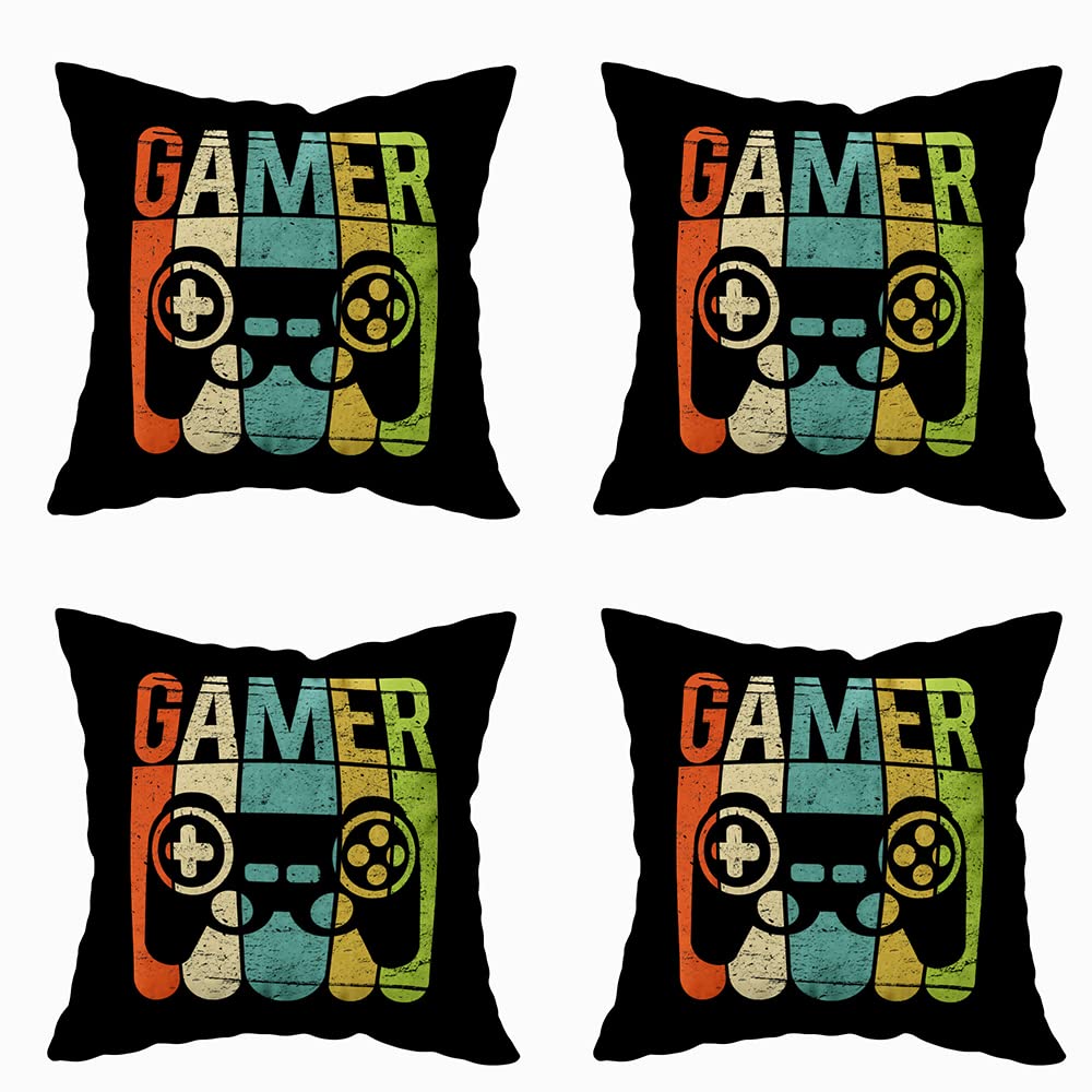 Bisead Gaming Pillow Covers Set of 4 - 16x16 Inch Retro Video Game Controller Design Throw Pillowcases for Bedroom, Living Room & Gaming Room Decor