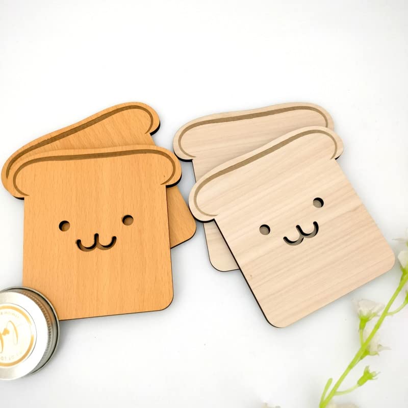 4-Piece Wooden Tea Coaster Set - Toast Bread Design - Premium MDF Wood Coasters for Hot & Cold Drinks - Perfect for Dining Table, Office Desk, Coffee Table & Home Decor - Cute Kitchen Accessories Gift Idea