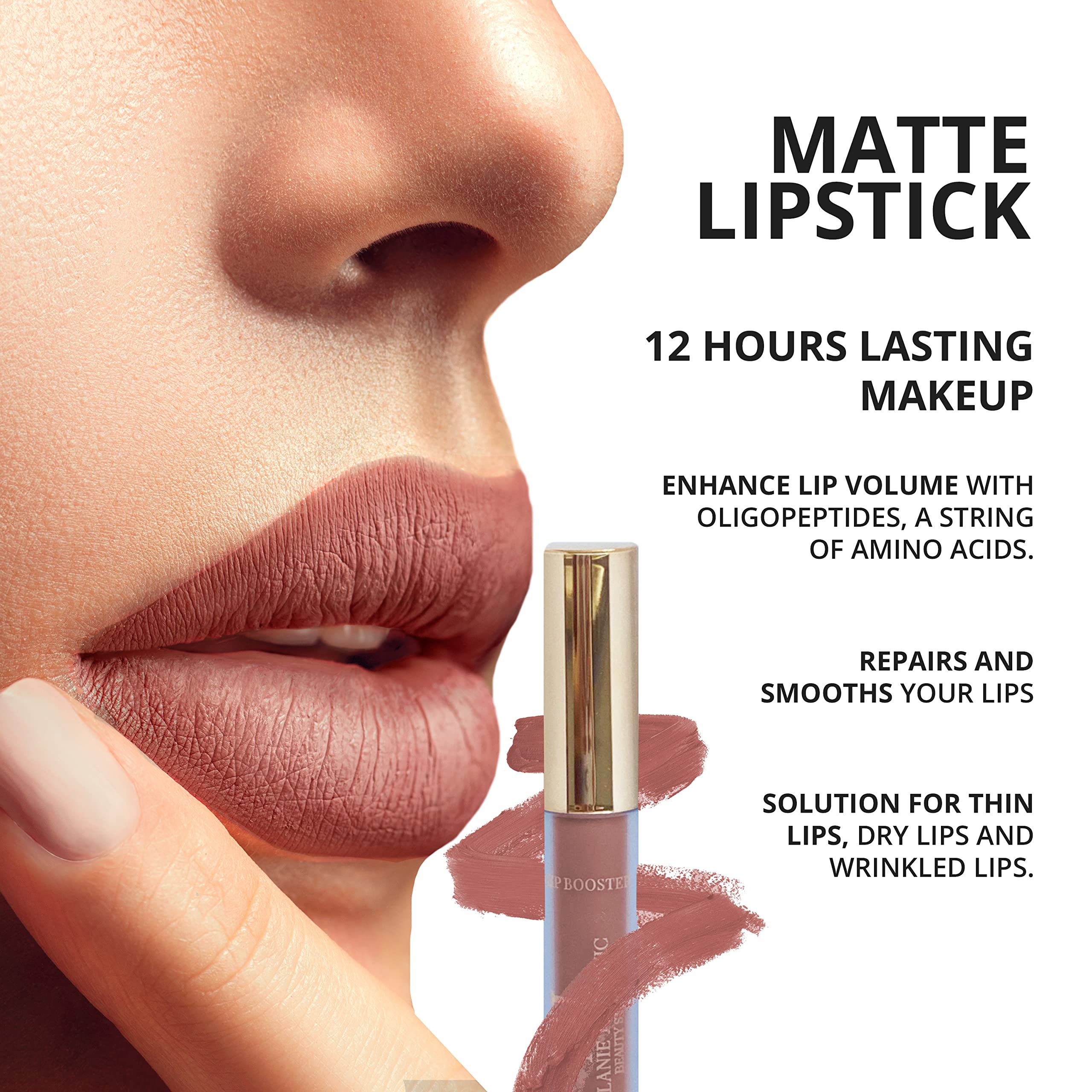 Lip Booster Matte Lipstick with Hyaluronic Acid, Collagen & Oligopeptides - 12 Hour Long Lasting, Nourishing & Hydrating Formula for Smooth Lips | Professional Makeup by Mela Beauty Studio | Perfect for Daily Wear, Special Occasions & Photo Shoots
