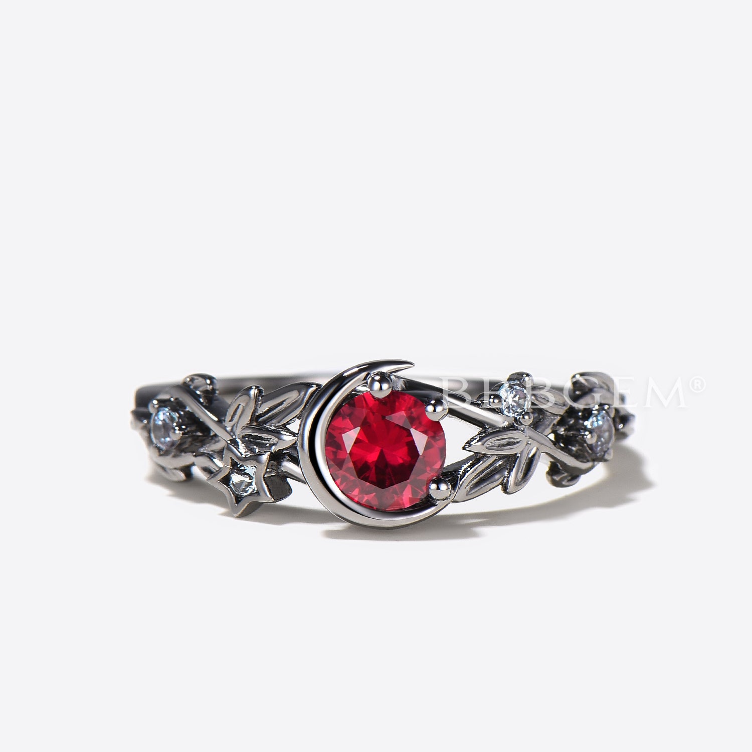 Round Ruby Alexandrite Moon Gothic Black Leaf Branch Wedding Ring for Women - Elegant Vintage Engagement Band for Brides, Gothic Jewelry for Halloween & Cosplay