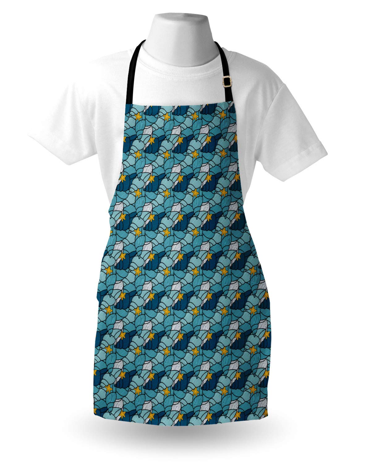 Ambesonne Nautical Apron - Seashells & Starfish Design, Adjustable Unisex Kitchen Bib for Cooking & Gardening