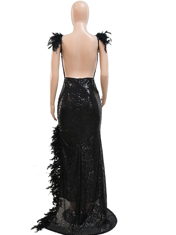 Elegant Women's Feather Trim High Slit Maxi Dress for Evening Parties & Special Occasions