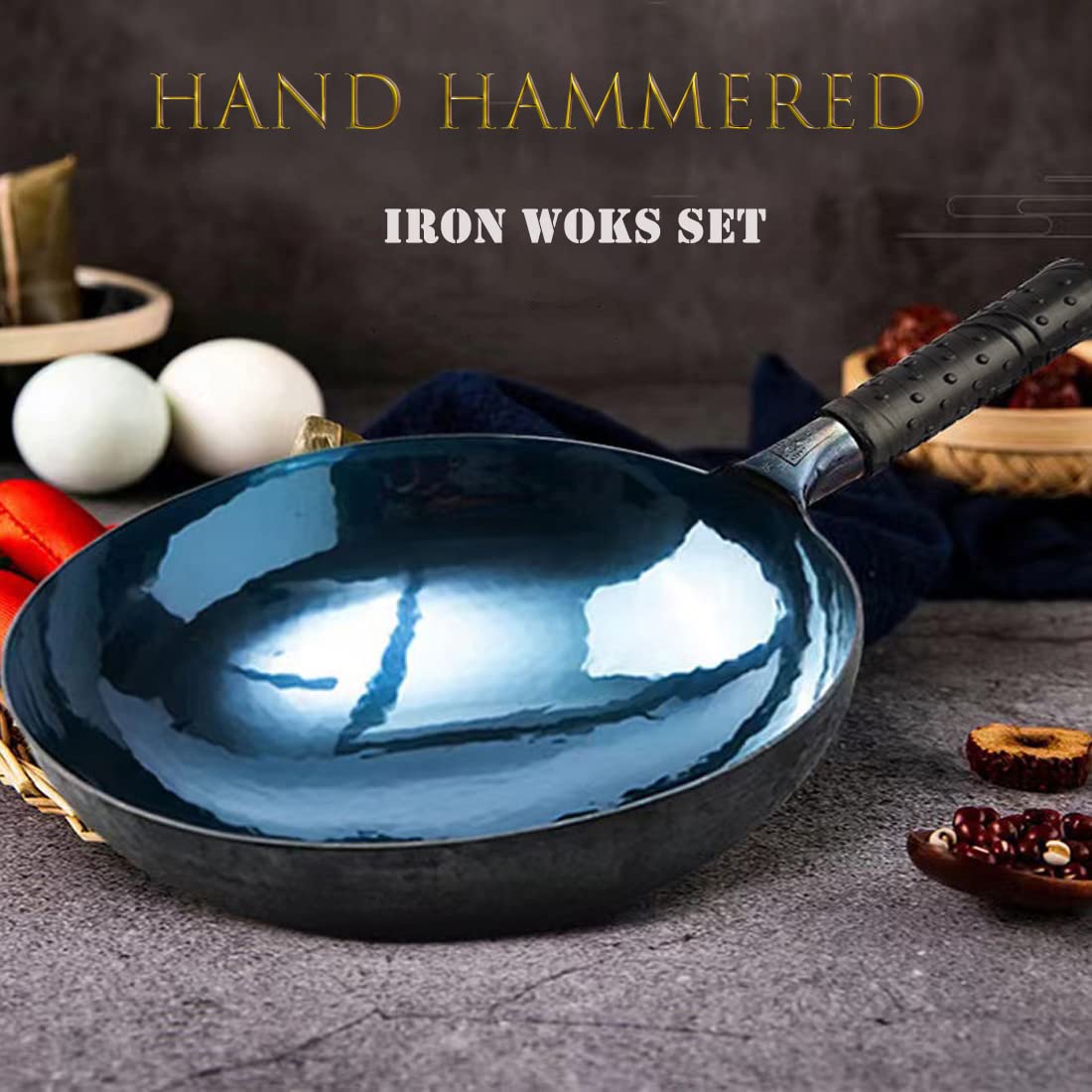Premium Chinese Hand Hammered Iron Wok Set - Non-Stick, Preseasoned Blue Round Bottom Wok Pan for Electric, Induction & Gas Stoves (Blue Black-12) - Perfect for Stir-Frying, Deep Frying & Asian Cooking