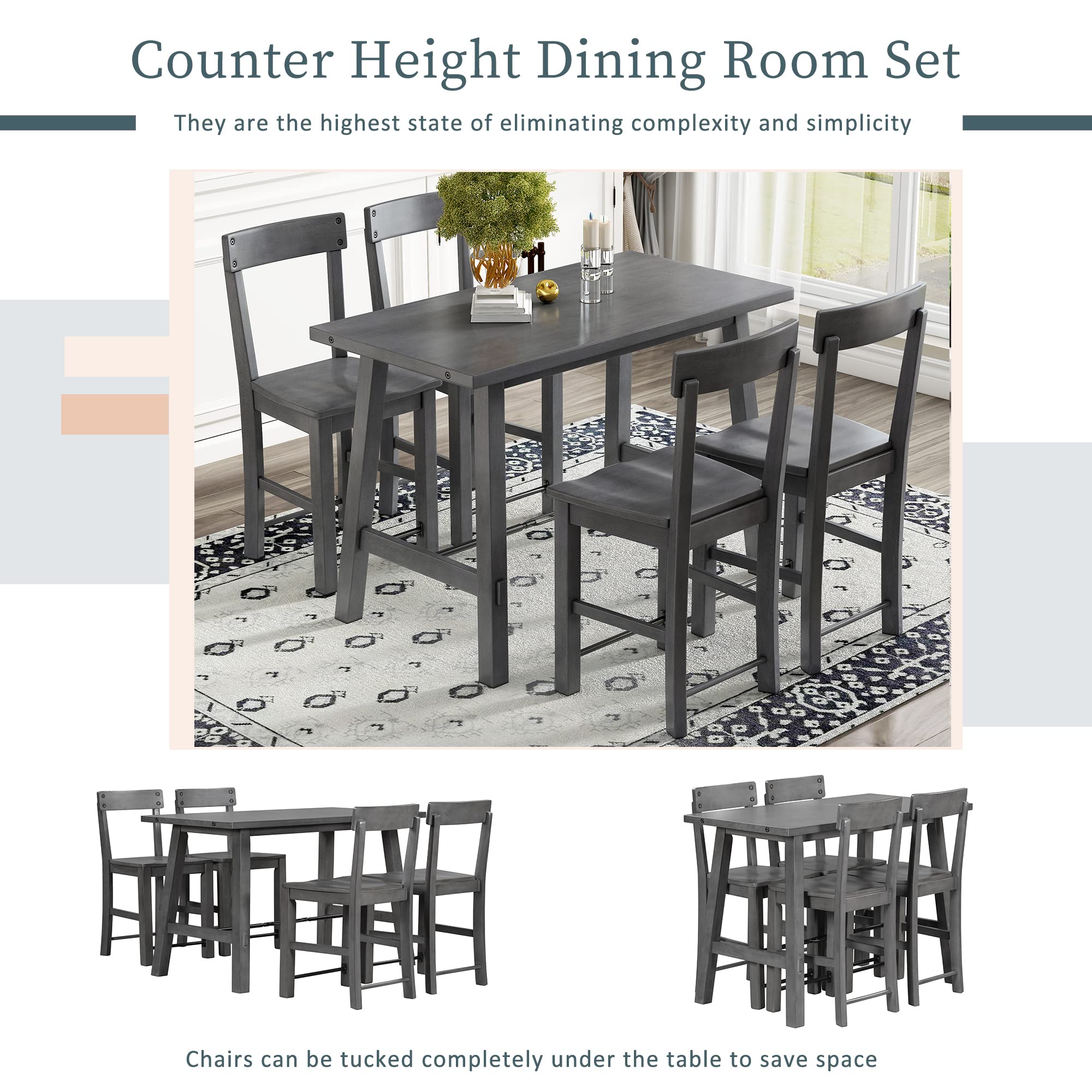 Farmhouse 5-Piece Counter Height Dining Table Set - Industrial Solid Wood & Metal Kitchen Dining Room Table with 4 High Back Chairs, Space-Saving Design (Grey) - Perfect for Small Apartments, Breakfast Nooks & Modern Farmhouse Kitchens