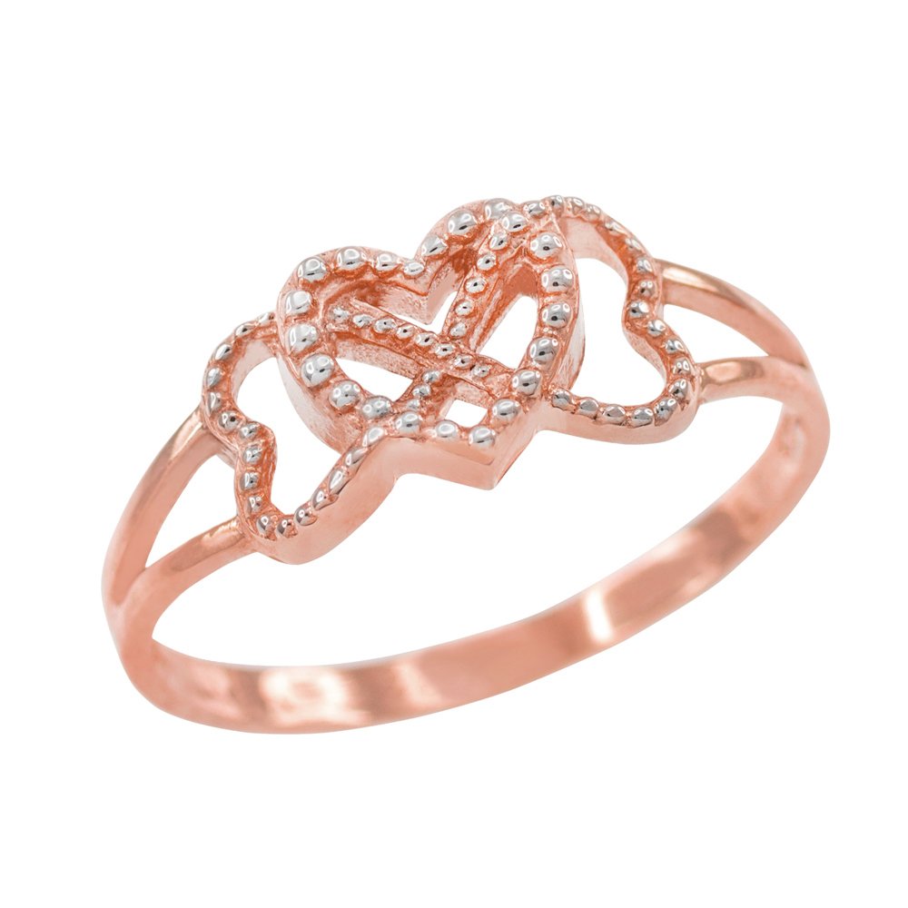 10K Two-Tone Rose Gold Textured Triple Heart Infinity Ring - Elegant Promise Ring for Women, Anniversary & Valentine's Day Gift, Stackable Jewelry for Everyday Wear
