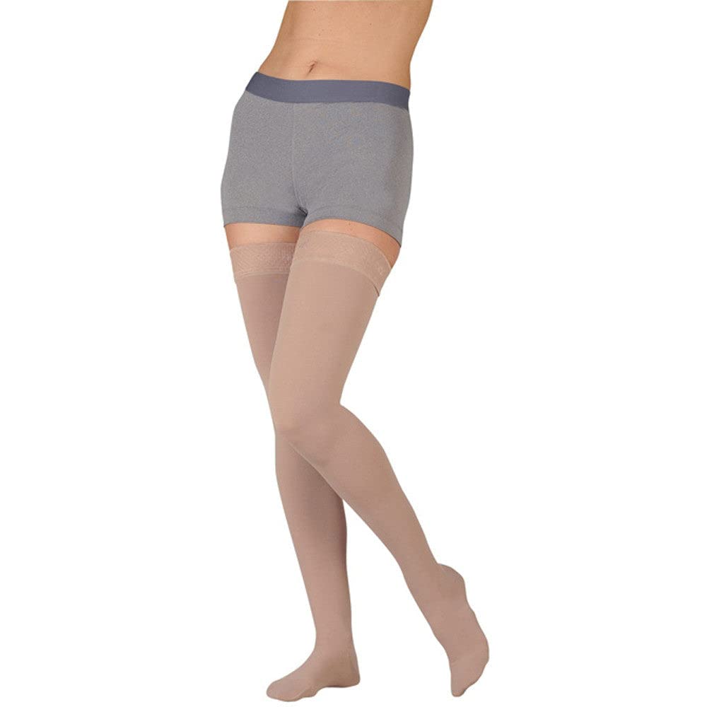 Juzo Dynamic Varin Closed Toe Compression Thigh High Stockings 20-30 mmHg for Men & Women – 2-Way Stretch Fabric, Silicone Top Band, Made in USA – Beige Size 3 (III) Short – Ideal for Lymphedema, Varicose Veins & Post-Surgery Recovery