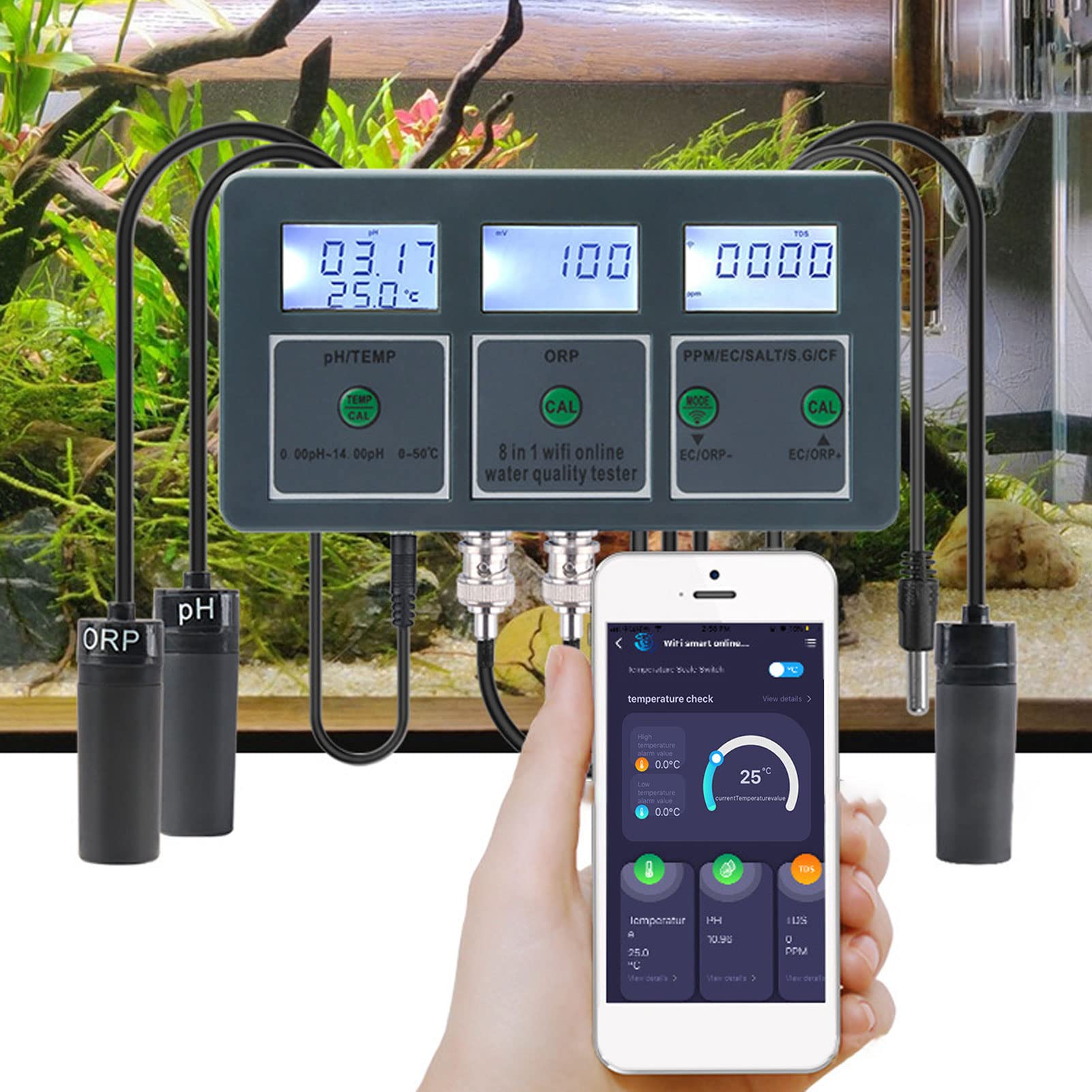 8 in 1 Digital Water Quality Tester - Measures S.G, EC, Salt, ORP, CF & Temp - Aquarium Monitor, Hydroponics Testing, Lab Water Analysis (US Plug 110V) - Perfect for Fish Tanks, Pool Maintenance & Drinking Water Safety