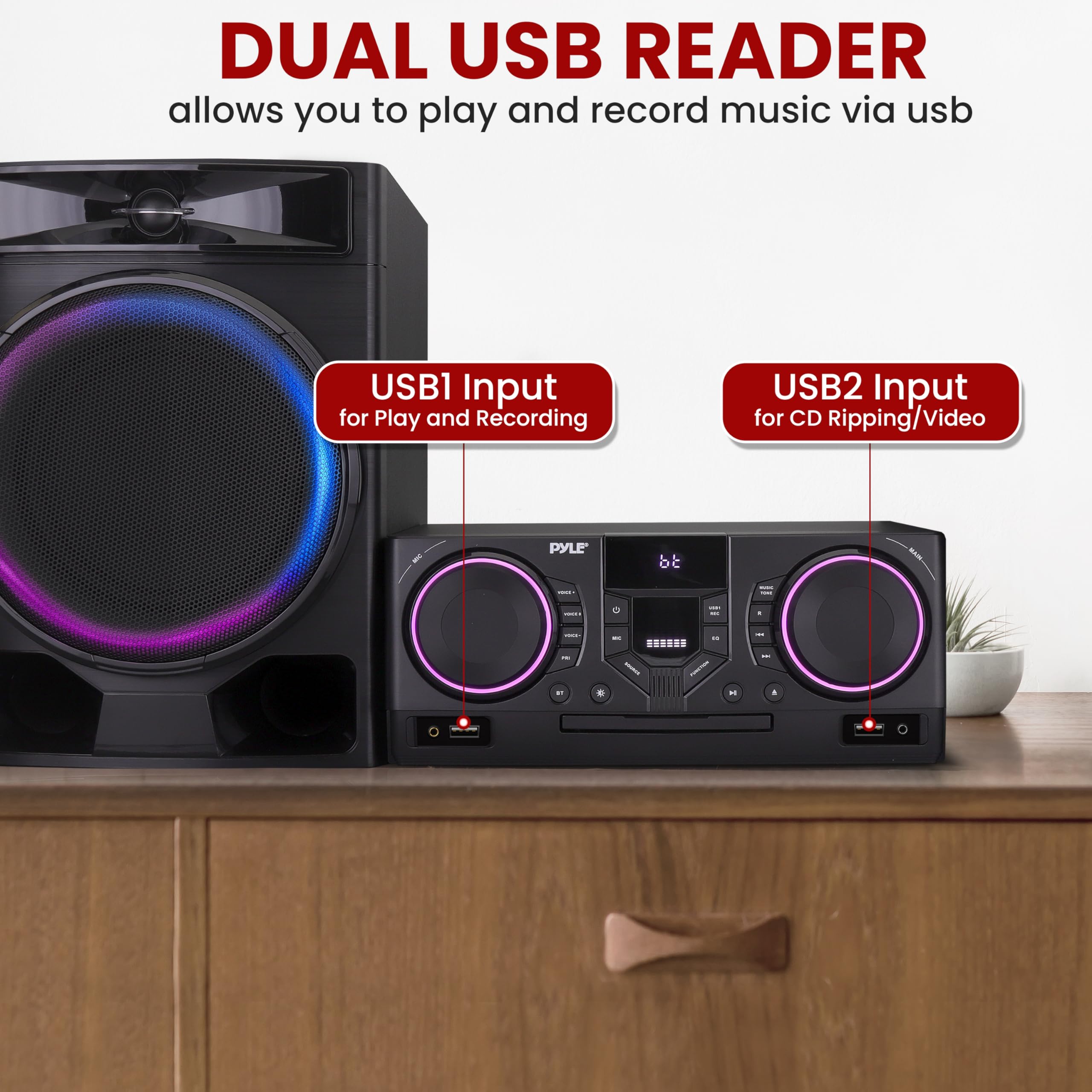 Pyle Bluetooth CD Stereo System with MP3/DVD/CD Playback, Dual USB Recording, Built-in Speakers & Subwoofer - 160W Digital Amplifier, FM Radio, Remote Control - Perfect for Home Entertainment & Party Music System