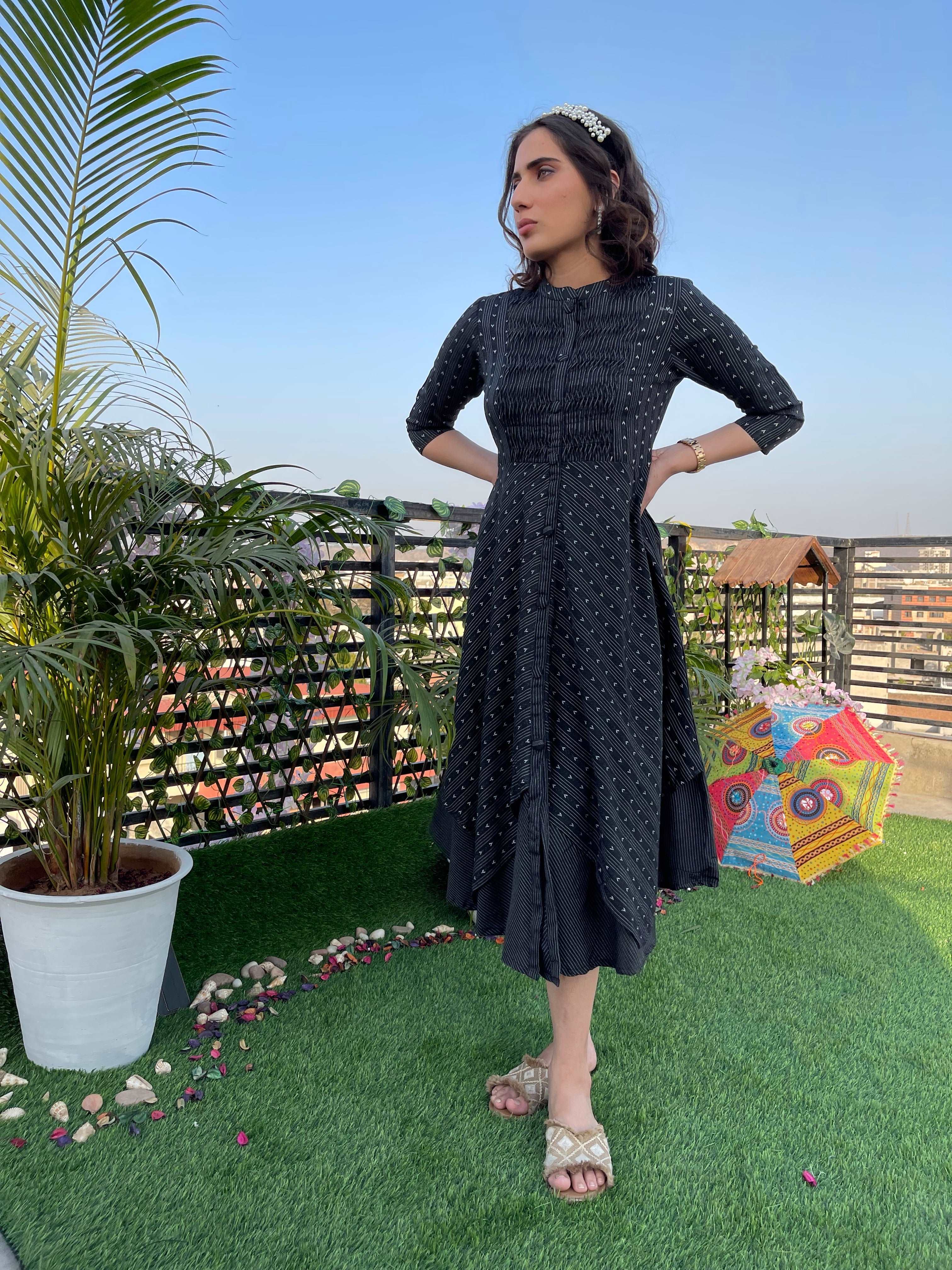 Elegant Black Cotton A-Line Dress for Women - Casual & Party Wear - Perfect for Office, Date Night & Special Occasions