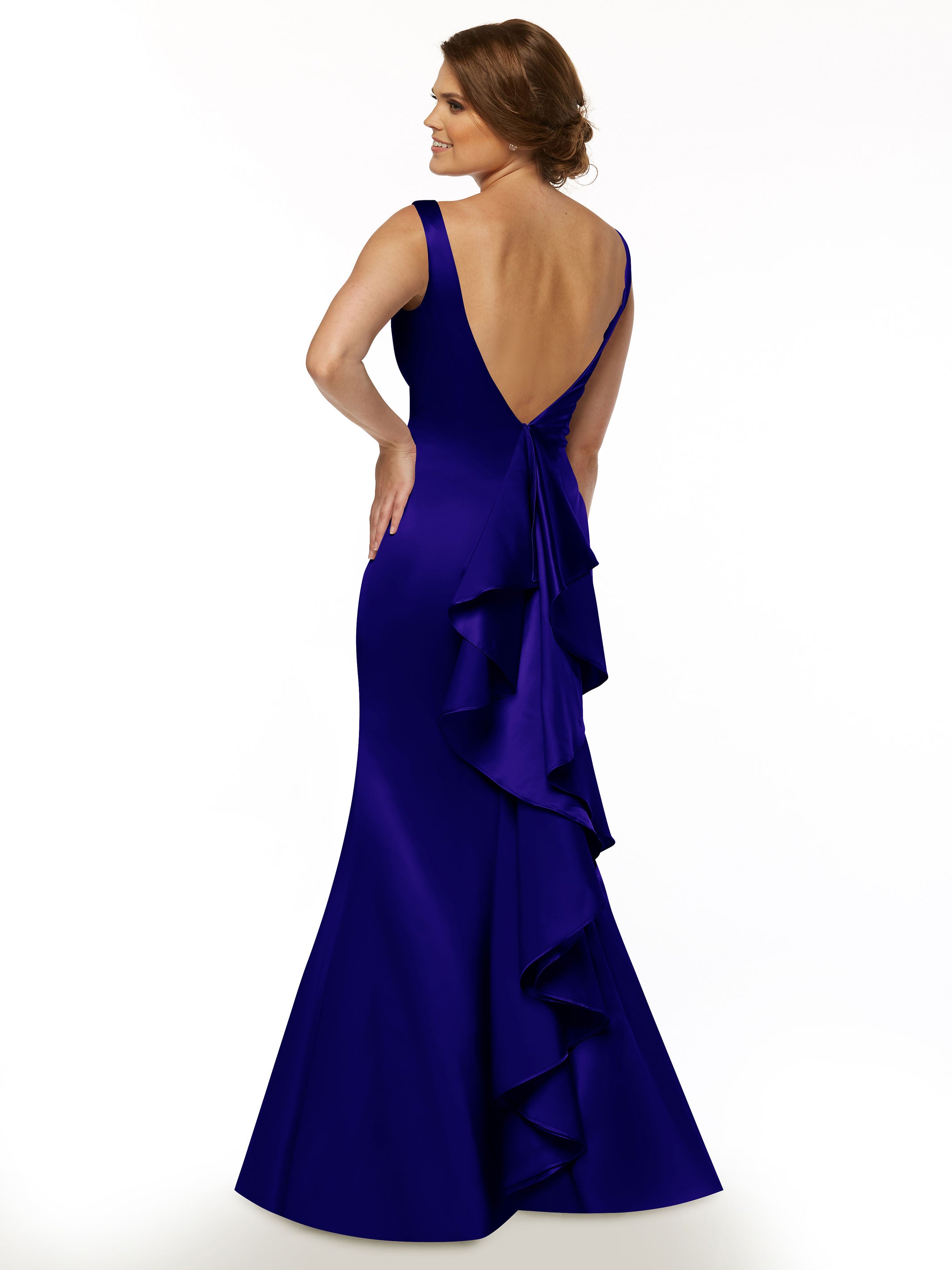 Elegant 80078 Fit and Flare Satin Bridesmaid Dress with V-Neckline & Ruffled Back - Perfect for Weddings, Prom, and Formal Events