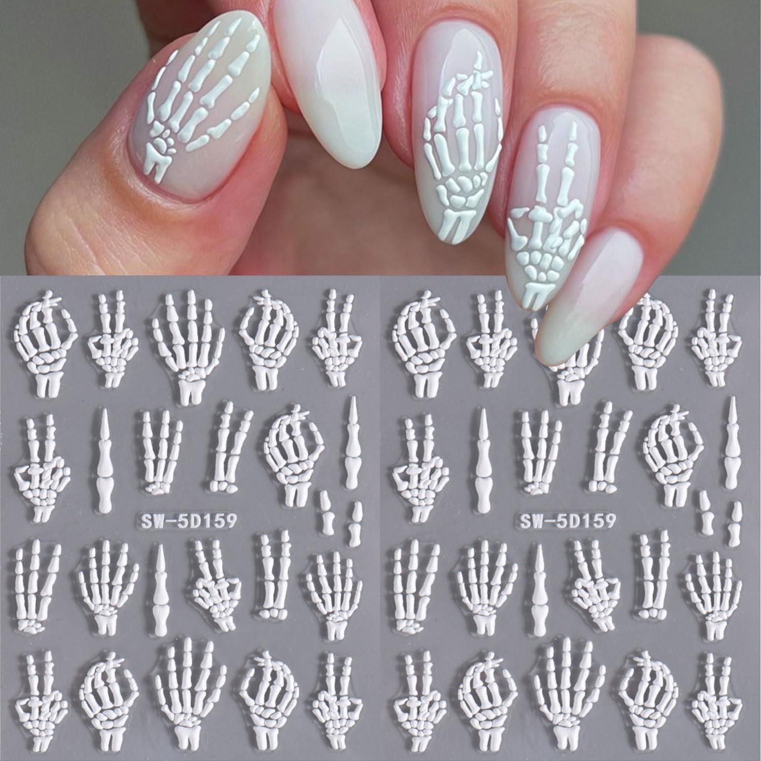 2Pcs Halloween Nail Art Stickers - 5D Embossed Skull & Skeleton Nail Decals with Fantasy Bone Design, White Hand & Finger Bones Nail Stickers for Women - Perfect for Halloween Parties, Costume Nail Art & Spooky Nail Designs